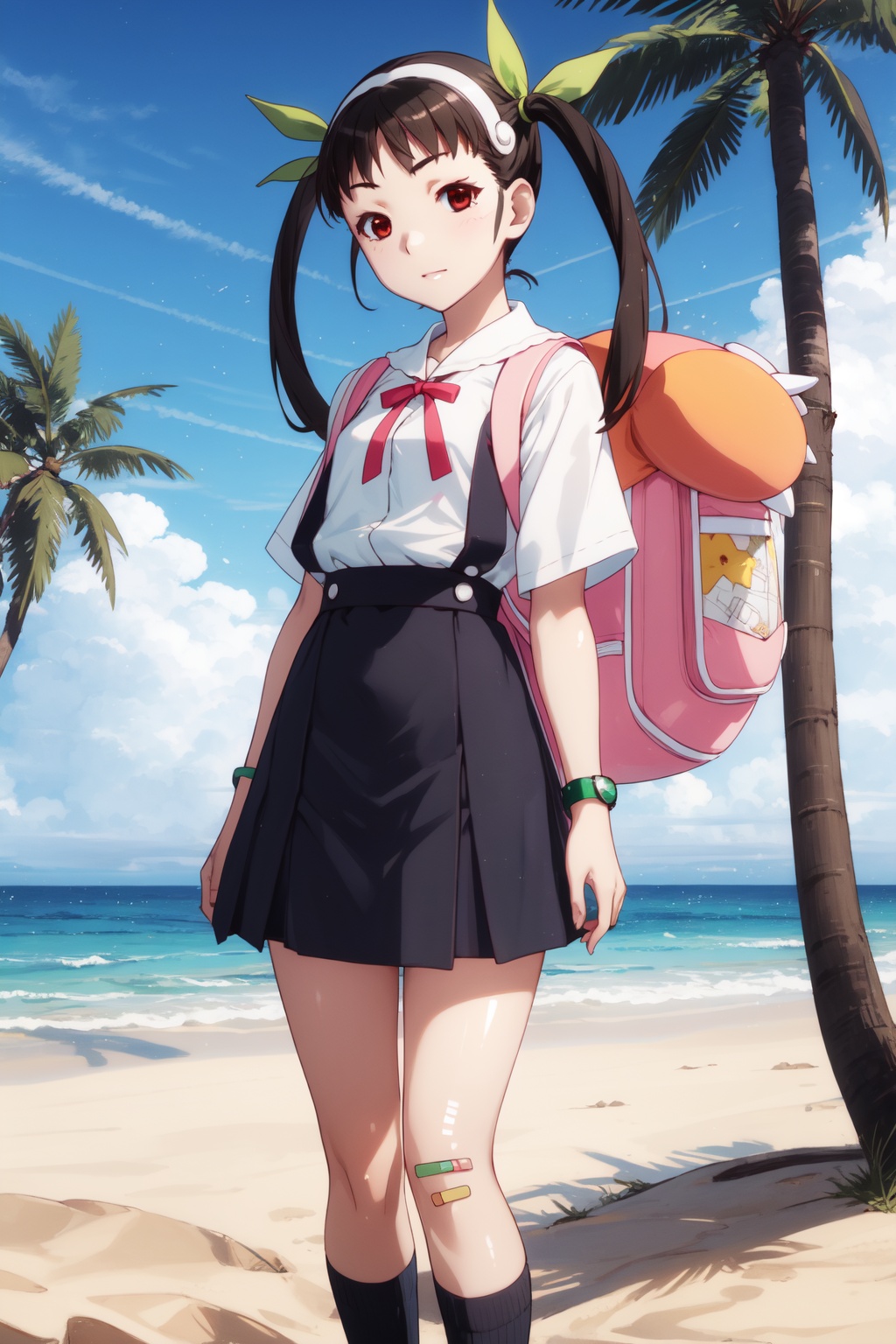 <lora:Hachikuji-000010:0.8>,Hachikuji cyql,1girl,looking at viewer,solo,black hair,long hair,twintails,hairband,ribbon,hair ribbon,green ribbon,red eyes,suspender skirt,backpack,bag,bandaid,bandaid on knee,school uniform,skirt,child,bracelet,Bored, A slack jaw, drooping eyelids, and a slightly uninterested gaze.,full_shot,beautiful face,beautiful eyes,glossy skin,shiny skin,Oasis, Sand dunes, Palm trees, Water, Camel, Heat, Mirage,(Lavender rows, Moonlit landscape, Lavender fragrance, Nighttime glow, Midnight stroll, Provencal charm:0.6),beautiful detailed sky,beautiful detailed glow,posing in front of a colorful and dynamic background,masterpiece,best quality,beautiful and aesthetic,contrapposto,female focus,wallpaper,fashion,