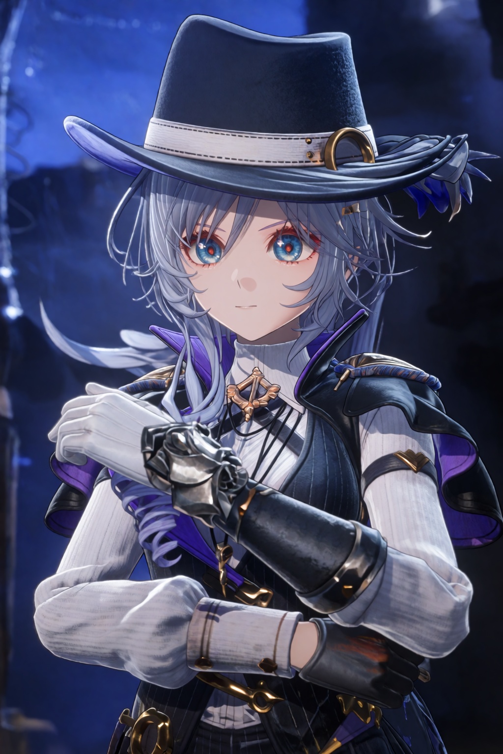 A medium close-up of a female character with light blue hair and blue eyes,  looking directly forward. She has small breas...