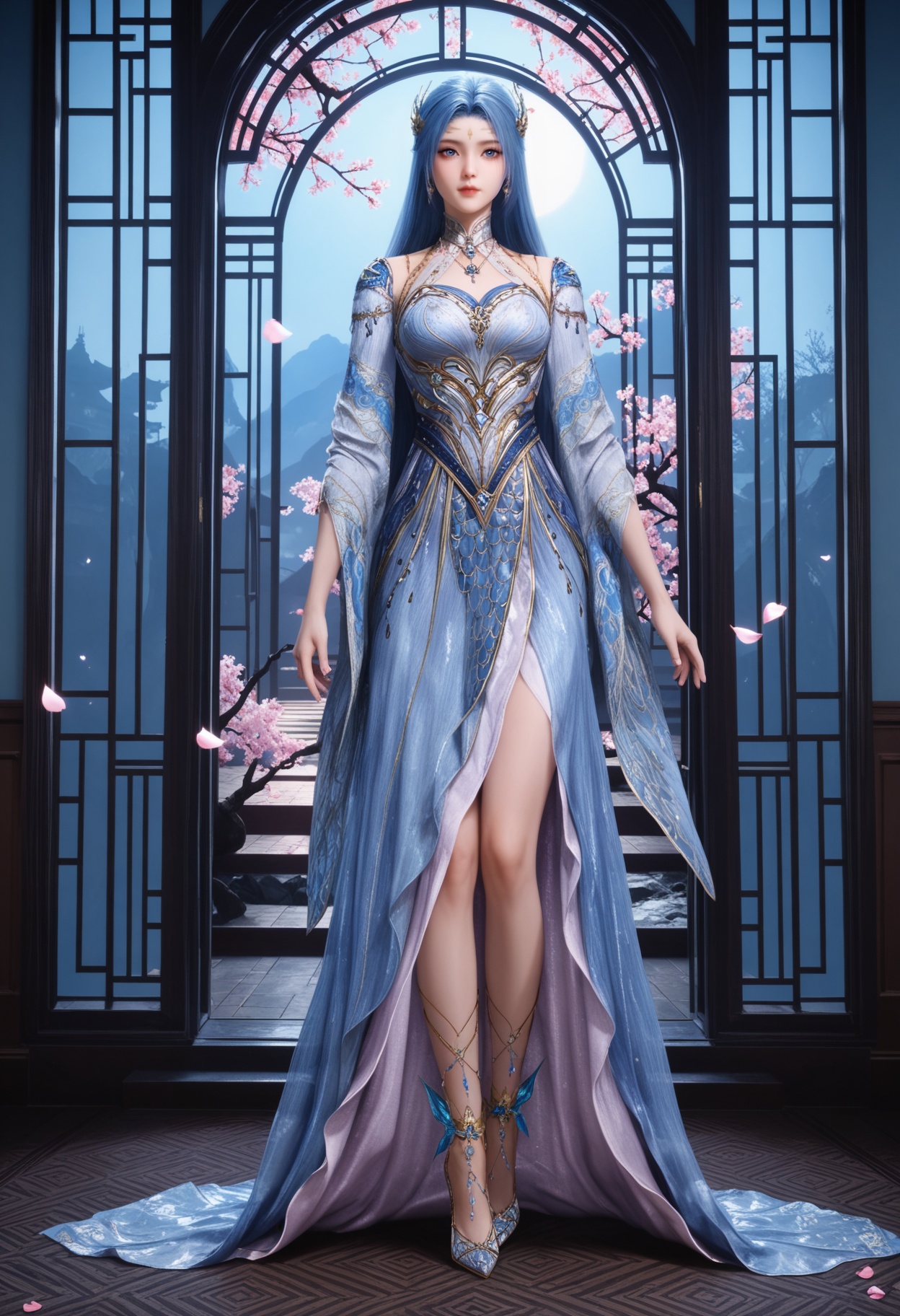 standing,(looking at viewer:1.1),facing viewer,direct gaze,(masterpiece:1.1),(best quality:1.2),(intricate details),(smog:1.3),(Dark room:1.3),(dim lighting:1.3),peach blossom,falling petals,<lora:YQ_Illustrious光辉v5_唐舞桐_服装3_V2:0.8>,1girl,q1528437228,solo,long hair,hair ornament,blue eyes,jewelry,dress,earrings,detached sleeves,high heels,necklace,anklet,forehead mark,masterpiece,(best quality),(intricate details:0.9) BREAK (intricate details:0.9),(realistic skin:1.2),masterpiece,best quality,newest,absurdres,hiahres,