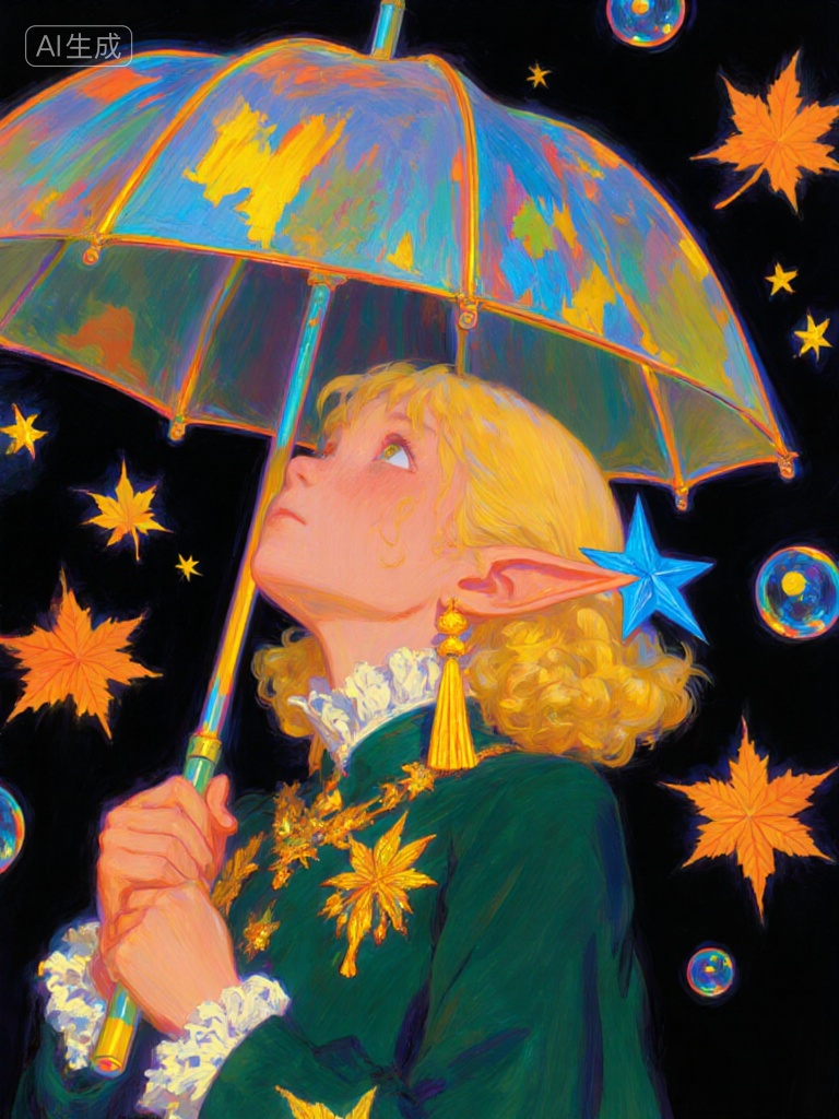 This is a dreamy-style illustration, with the main scene depicting a blonde girl holding an umbrella at night. The girl has curly short blonde hair, with a blue star hair accessory tucked in her hair. She has pointed elf-like ears and wears golden tassel earrings. She is dressed in a dark green outfit adorned with golden decorations, and the neckline is trimmed with white lace. She tilts her head back to look up at the sky, holding a transparent umbrella in her hand--there is a colorful sheen on the umbrella surface. Around her, orange maple leaves, golden stars, and bubbles are floating. The background is a deep black, and the overall color palette is dominated by gold, orange, and dark green, creating a mysterious and romantic atmosphere.., Negative prompt: ng_deepnegative_v1_75t,(badhandv4:1.2),EasyNegative,(worst quality:2),,nsfw, Steps: 30, Sampler: Euler, CFG scale: 3.5, Seed: 1098421983, Size: 768x1024, Model hash: 531b71b201, Model: F.1-Krea-dev-scaled-fp8_fp8.safetensors, Denoising strength: 0, RNG: CPU, Lora 1: 20251010-1760093491563-0001, Lora Hash 1: 96223b56ca, Lora Weight 1: 1.2, vae_name: automatic