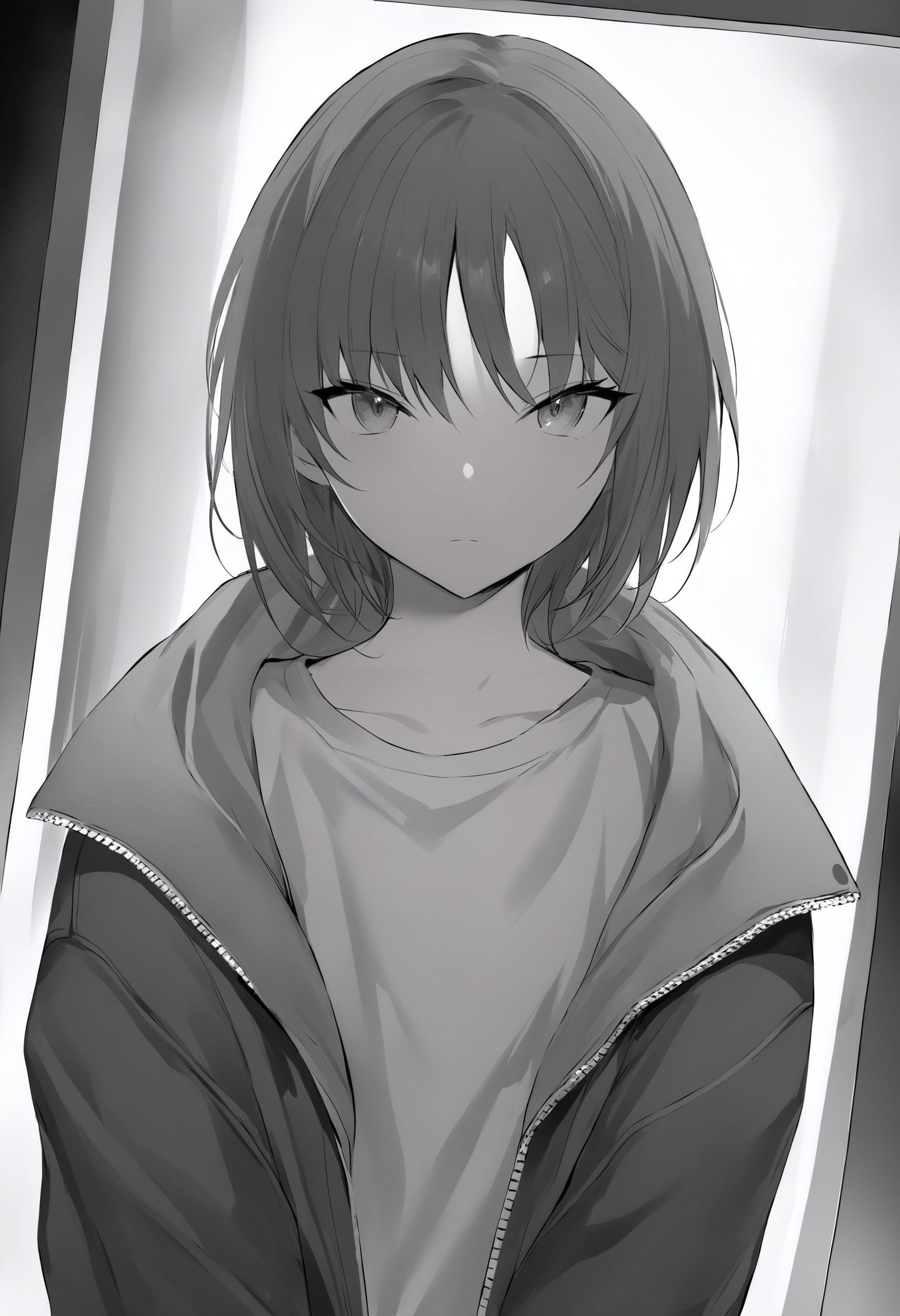 best quality, masterpiece,1girl, greyscale, monochrome, solo, looking at viewer, bangs, closed mouth, upper body, jacket ,_背景<lora:lpmyaXLlokr4f-000143:1>