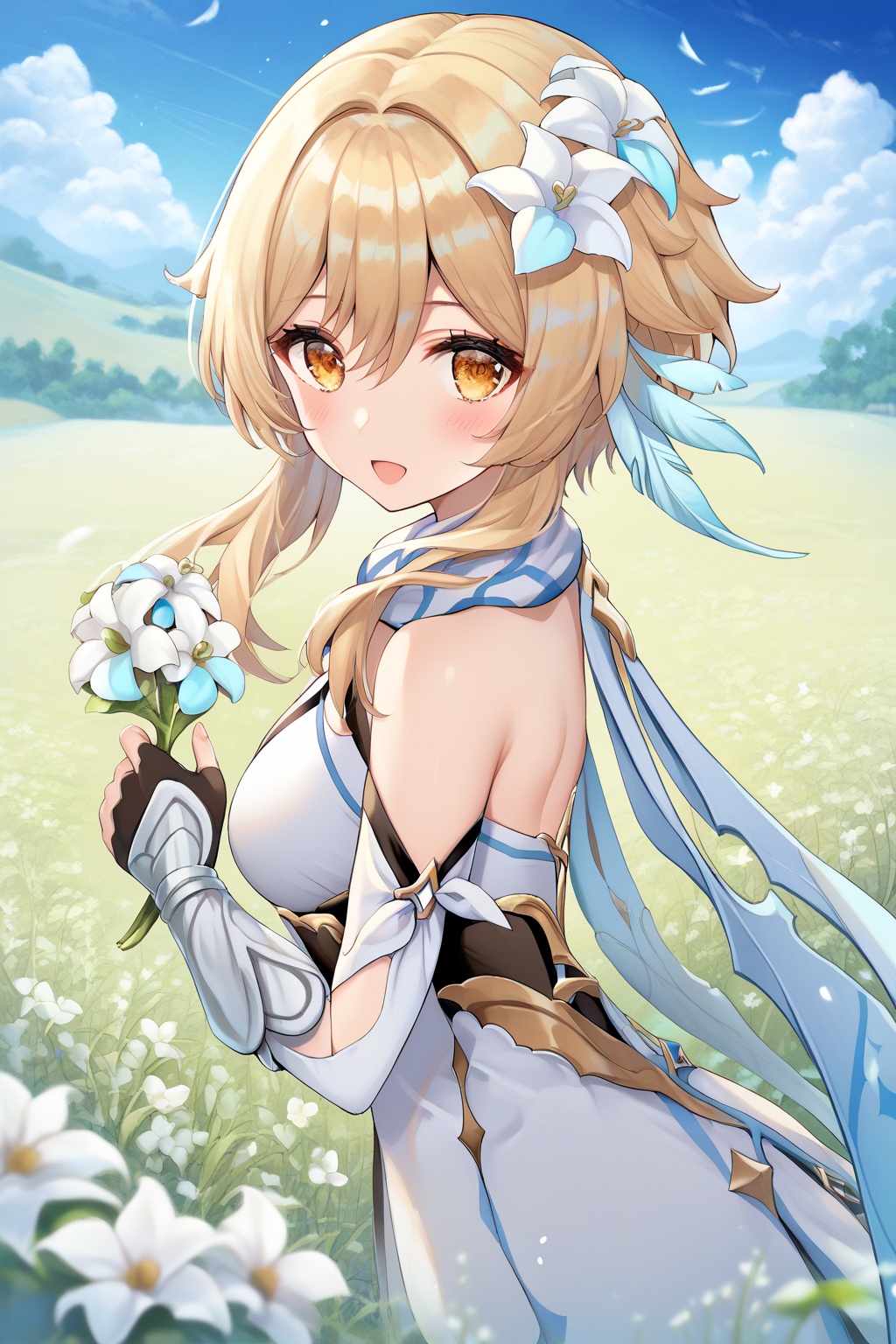 score_9,score_8_up,score_7_up,score_6_up,score_5_up,score_4_up,source_anime,source_cartoon,<lora:lumineTuPONYXL-000008:1>,lumine \(genshin impact\),1girl,flower,blonde hair,solo,dress,holding,looking at viewer,white flower,yellow eyes,outdoors,smile,hair ornament,bare shoulders,holding flower,breasts,open mouth,detached sleeves,hair flower,day,sky,blush,short hair with long locks,medium breasts,hair between eyes,feather hair ornament,blurry,scarf,field,sidelocks,partially fingerless gloves,cloud,from side,