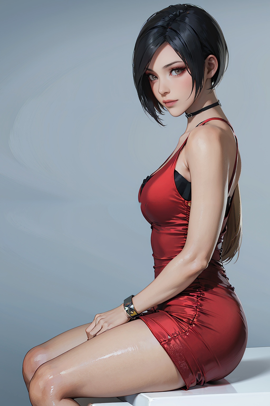 red dress,from side,ada,looking at viewer,solo,medium breasts,1girl,closed mouth,arms at sides,Best quality,masterpiece,ultra high res,(white background:1.1),<lora:adareddressre2r2r-000005:0.75>,full body,sitting,