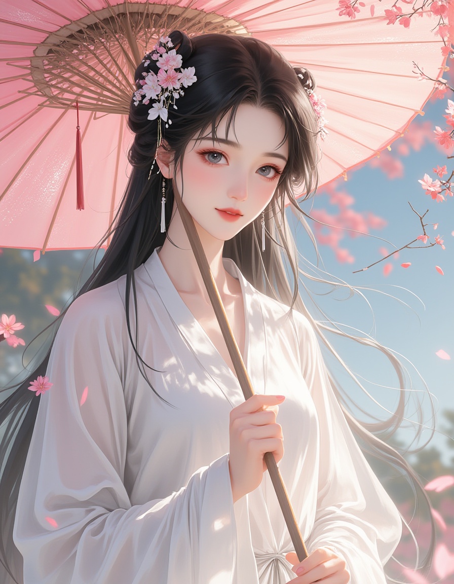 Dunhuang apsaras,Vibrant,intricate,and highly detailed,fairy,fox,white hair,portraicheerful colors,stunning,highly detailed,8kfalling petals,hlzds,1girl,solo,long hair,looking at viewer,black hair,hair ornament,long sleeves,dress,holding,upper body,flower,wide sleeves,white dress,blurry,tree,petals,blurry background,leaf,chinese clothes,hair rings,holding umbrella,realistic,branch,hanfu,(White oil paper fan:1.5),<lora:FLUX光影插画_FLUX光影插画:0.41>,<lora:aki:0.61>,<lora:风月无边illustrations_v1.0 (1):0.51>,