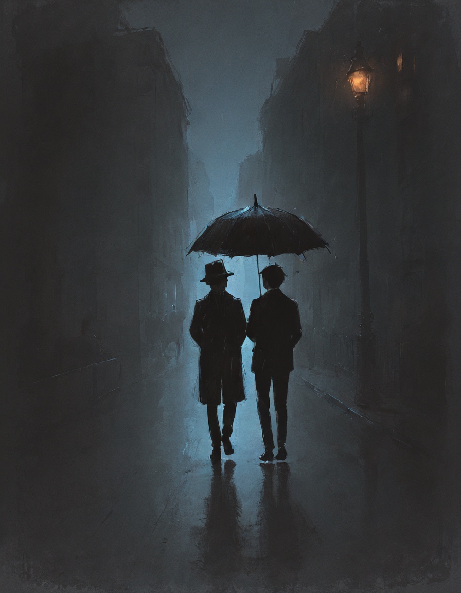 a cute drawing,  Rain-soaked streets at night,  Silhouettes in fedoras on Tensor.Art