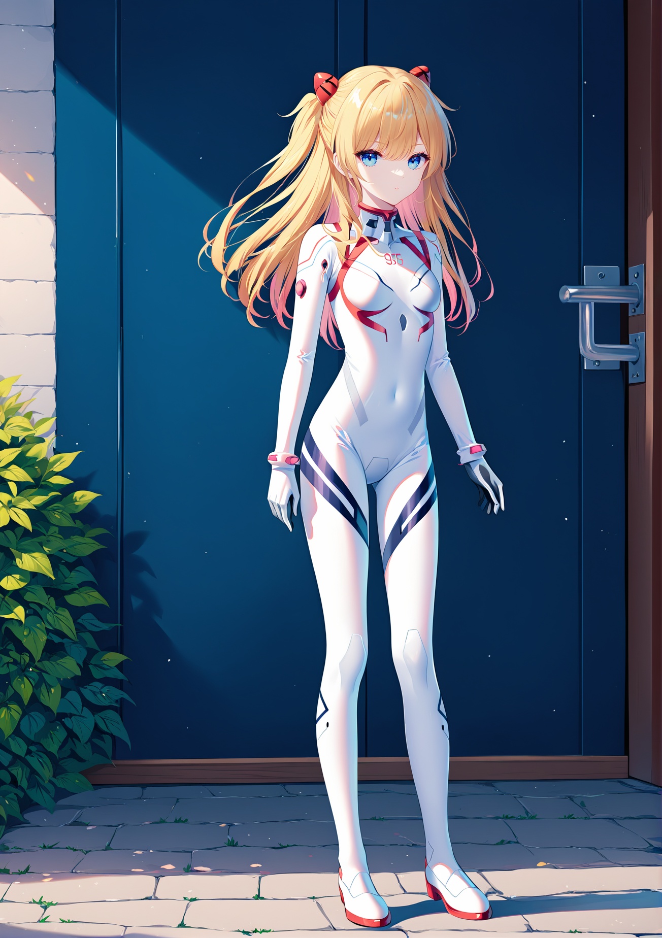 (masterpiece), (best quality), illustration, ultra detailed, hdr, Depth of field, (colorful),[rimuu:0.6, sheya:0.5,haneru,],full body, Evasuit08,plugsuit,white bodysuit,1girl, souryuu asuka langley, blonde hair, blue eyes,seriousstanding,garden,looking at viewer, <lora:Eva08XLAni3:1>