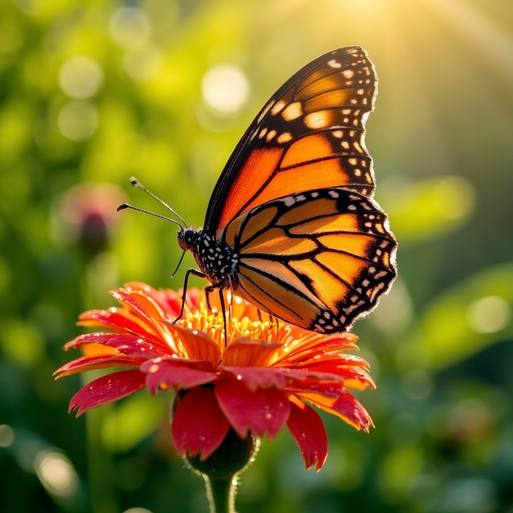 A highly detailed photograph of a butterfly resting on a vibrant,  velvety-petaled flower with subtle dew droplets,  amids...