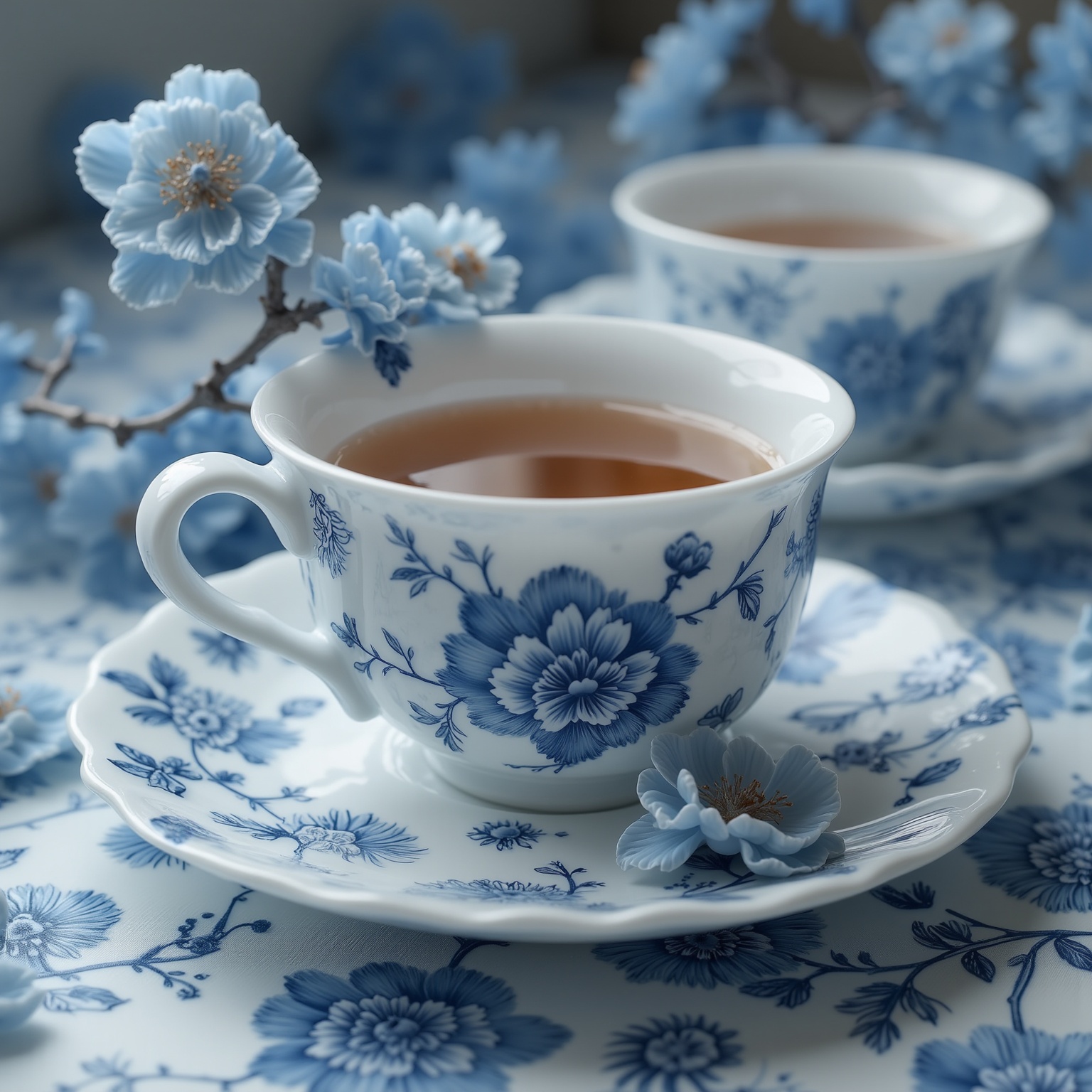 <lora:YY青花瓷F.1:1>,blue and white porcelain style,flower, cup, tea, creative photography, collage of colors in the image, stream of consciousness, hazy, psychedelic, golden ratio, delicate and simple, high-end feel, healing, grainy texture, film photograph, diffused gradient, elegant, romanticism, sense of story, sense of design, mysterious color, mysterious light, Leica filter, blur, high definition, clean