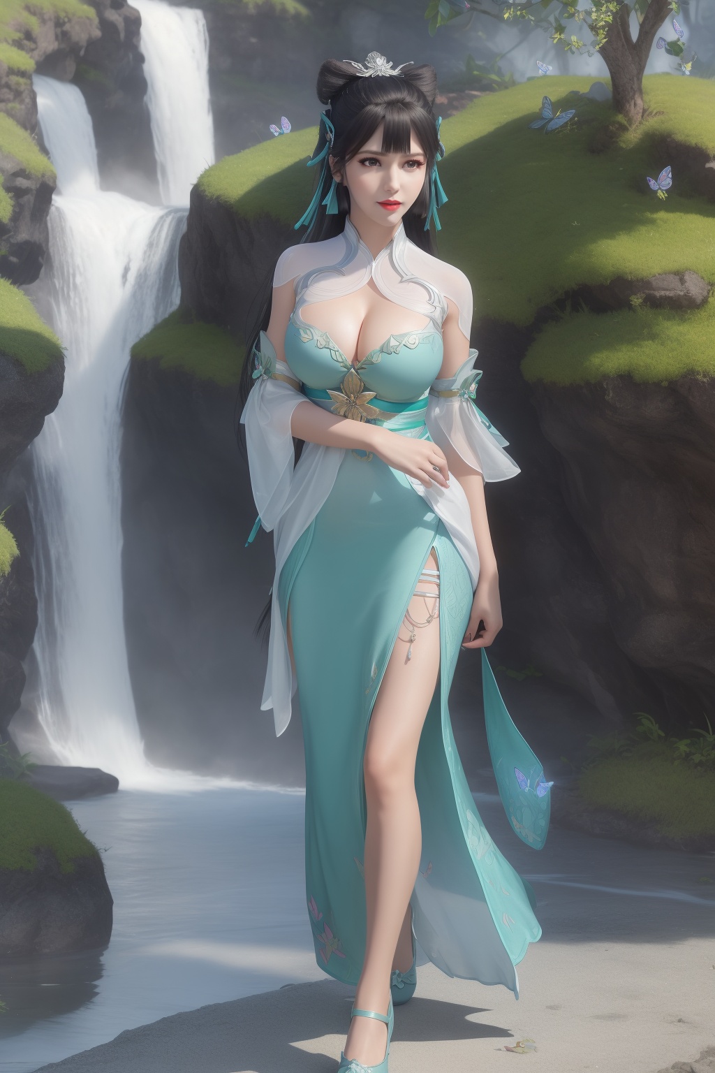 ultra realistic 8k cg,flawless,clean,masterpiece,professional artwork,famous artwork,perfect face,beautiful face,best quality,full_shot,absurdres,shenfengYuZiMo,1girl,solo,dress,green dress,chinese clothes,short sleeves,double bun,short sleeves,standing,detached sleeves,bangs,bare shoulders,cleavage cutout,clothing cutout,torogao,smile,makeup,red lips,breasts,large breasts,jewelry,earrings,hair ornament,(outdoors:1.4),water,waterfall,butterfly,flower,hair ribbon,hair rings,ribbon,long hair,realistic,looking at viewer,shoes,aqua footwear,<lora:shenfengYuZiMo_20240107105931-000002:0.7>,