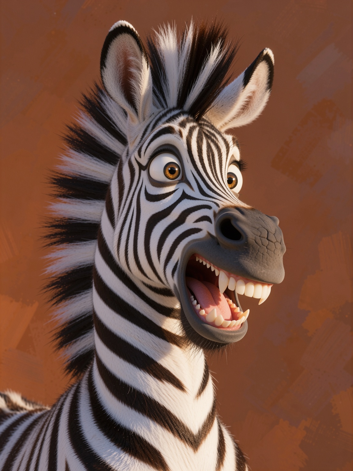 Gavenine art style: A vibrant cartoon zebra with exaggeratedly wide eyes and a comically open mouth revealing sharp teeth...