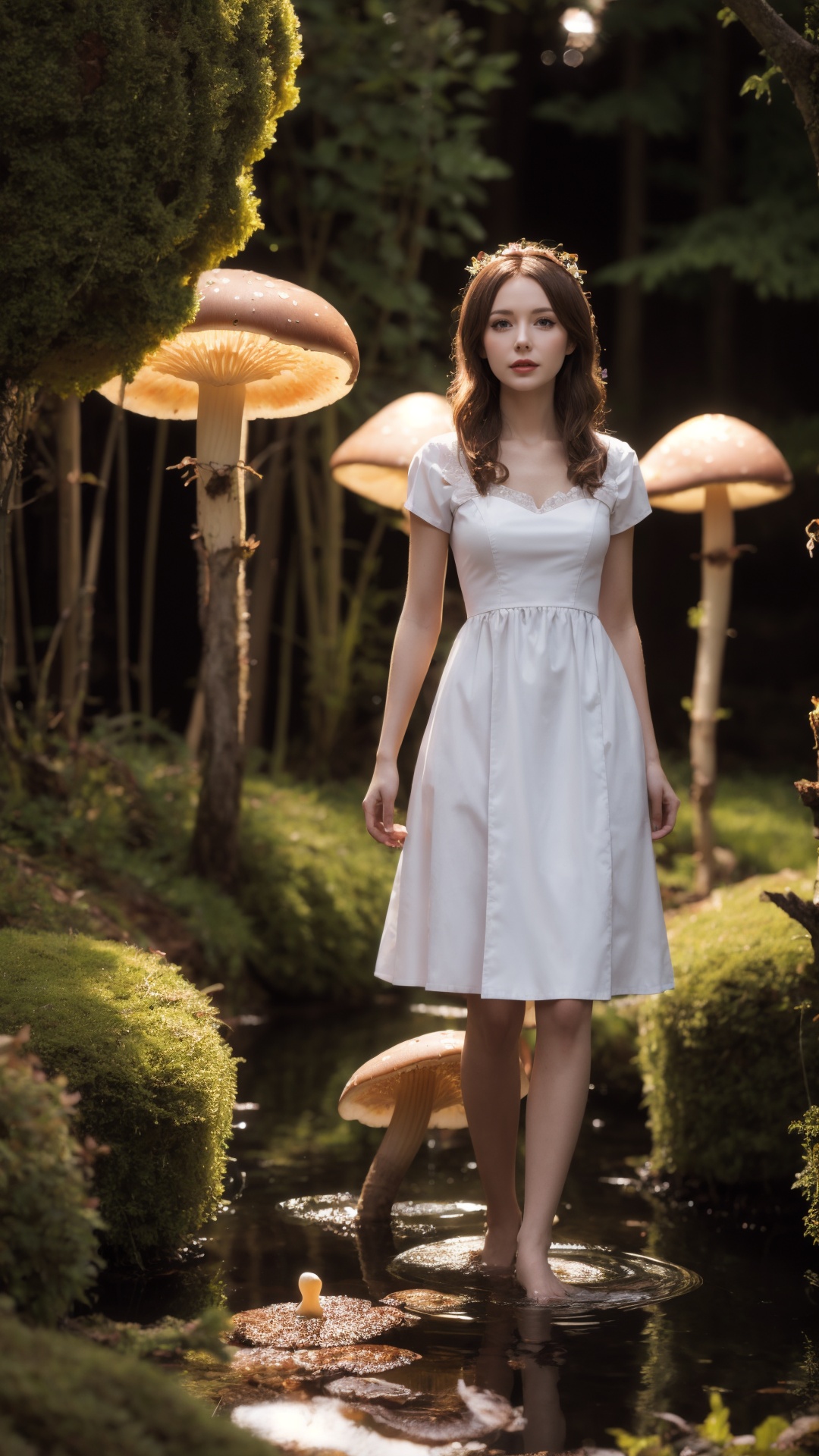 ***** Alice in wonderland standing in stream,large mushrooms in background,highly detailed,Beautiful lighting,photoreal,4k,depth of field,night scene,light from godrays shining on ground,