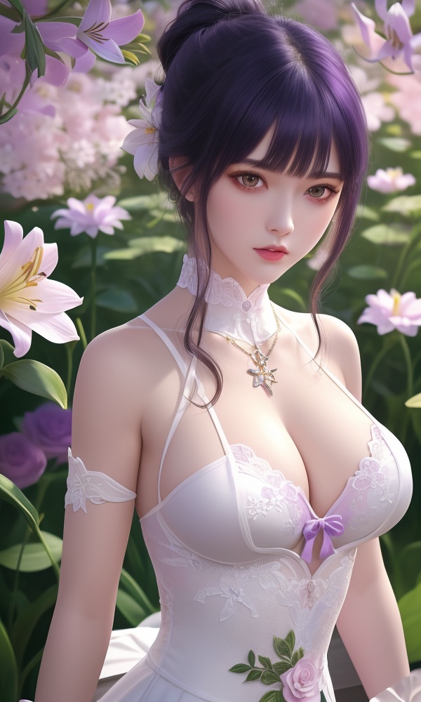 (,1girl, ,best quality, ),looking at viewer, <lora:418-DA-百炼成神-莫雨馨:0.8> ,ultra detailed 8k cg,ultra detailed background,ultra realistic 8k cg,1girl, solo,(bare shoulders:0.85),(masterpiece, best quality),((oil painting style)),sexy young lady,(beautiful face and eyes),(upper body:1.5),(whole body:1.05),(single person:1.2),surrounded by flowers, (lily), roses, floret, vegetation, white, purple, purplish pink,Impressionism,colorful,(Breast size:1.3),(cleavage), 1girl, , , depth_of_field, solo, , ,