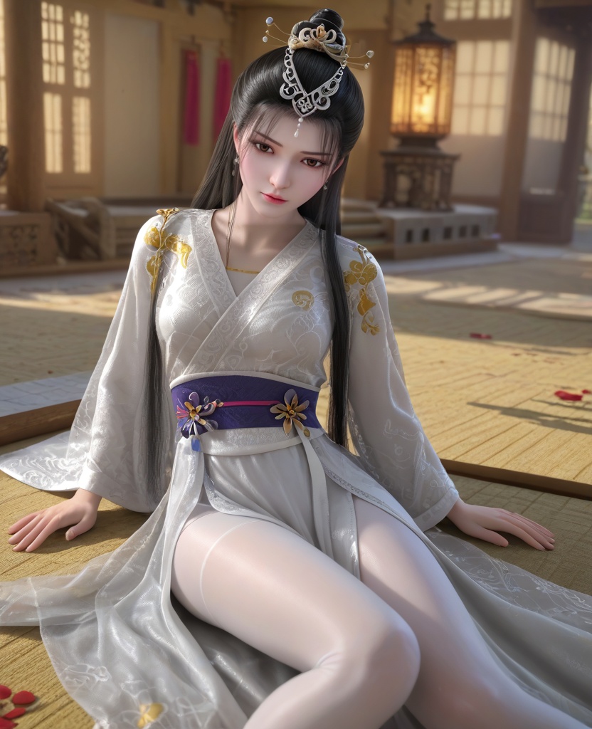 (oriental architecture, elegant decor, sophisticated style:1.1),(Lying on the ground with one leg bent, looking upwards,:1.1),(breasts:1.2),<lora:XL墓王之王千亦膤:0.95>,miss qianyixue,white dress with embroidery,brown eyes,black hair,long hair,traditional chinese updo with long front strands,jewelry,see-through coat,sash,white pantyhose with embroidery,, score_9,score_8_up,score_7_up,score_6_up,score_5_up,score_4_up,3d rendering,tag1,tag2, Cinematic Lighting,backlighting,