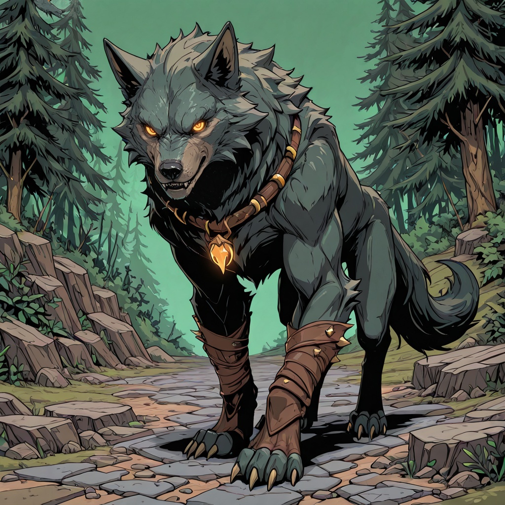 D&D Painterly,  A digital illustration depicting a fierce,  anthropomorphic werewolf in a forested setting. The wolf stand...