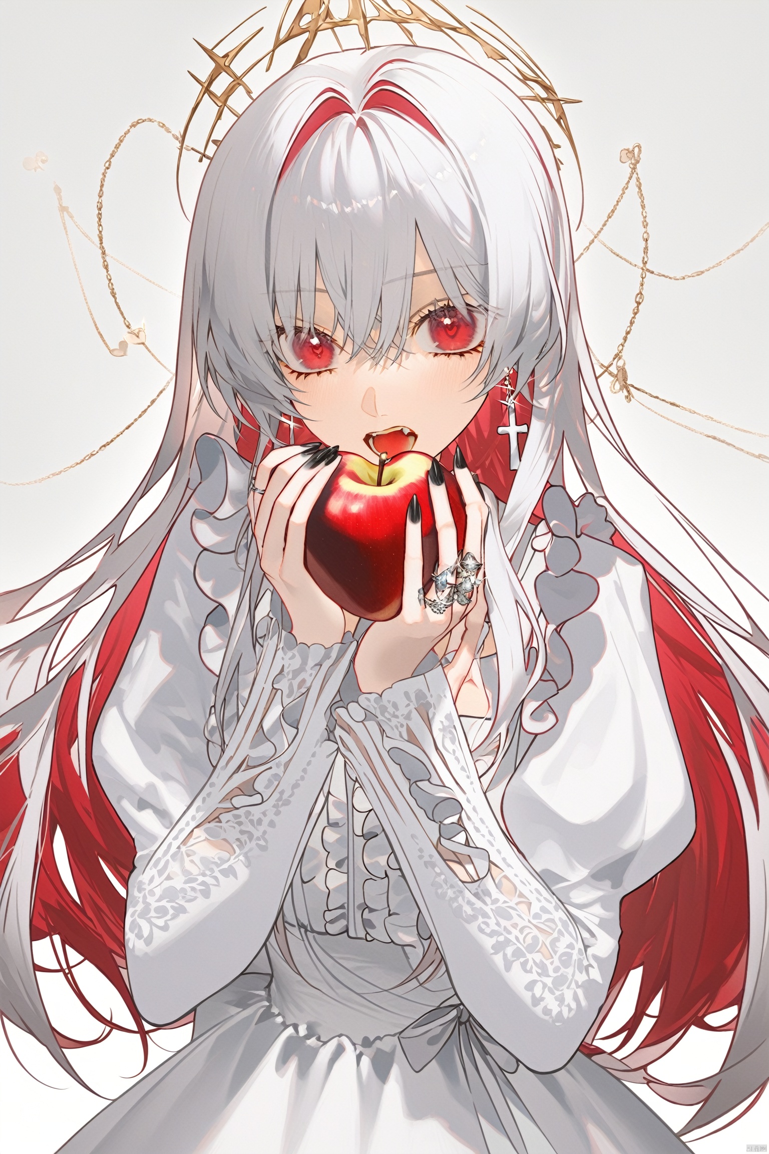 1girl, solo, long hair, looking at viewer, open mouth, bangs, red eyes, long sleeves, dress, ribbon, holding, jewelry, very long hair, white hair, heart, earrings, frills, food, puffy sleeves, nail polish, white dress, fruit, chain, fangs, wavy hair, ring, cross, holding food, apple, holding fruit, cross earrings, white theme
