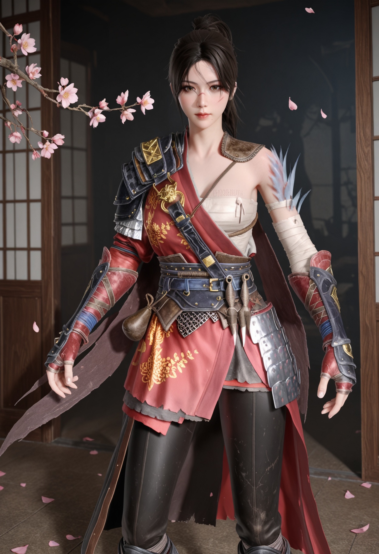(cowboy shot:1.2),(looking at viewer:1.1),masterpiece,(best quality),smog,Dark room,dim lighting,peach blossom,falling petals,<lora:YQ_Illustrious光辉v5_白梓芸_V1:0.8>,q1528437228,1girl,solo,armor,black hair,ponytail,shoulder armor,brown eyes,sarashi,chinese clothes,brown hair,long hair,gloves,boots,scar,pants,hair bun,fingerless gloves,pauldrons,single hair bun,bandages,scar on face,sheath,cape,belt,short hair,mole under mouth,black pants,sash,single pauldron,gauntlets,knee boots,
