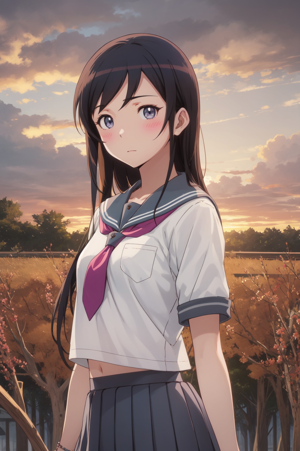 <lora:Ayase-000015:0.8>,Ayase cyql,1girl,looking at viewer,solo,long hair,black hair,blue eyes,blush,school uniform,kousaka kirino's school uniform,serafuku,skirt,pleated skirt,grey skirt,crazy_smile,full_shot,beautiful face,beautiful eyes,glossy skin,shiny skin,Wheat, Fields, Sunset, Colors, Horizon, Harvest, Serenity, Beauty,(Palm trees, White sand, Turquoise water, Hammocks, Tiki torches, Sunset hues:0.5),beautiful detailed sky,beautiful detailed glow,posing in front of a colorful and dynamic background,masterpiece,best quality,beautiful and aesthetic,contrapposto,female focus,wallpaper,fashion,
