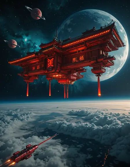 in space,  cyberpunk asian temple,  space station above clouds on Tensor.Art