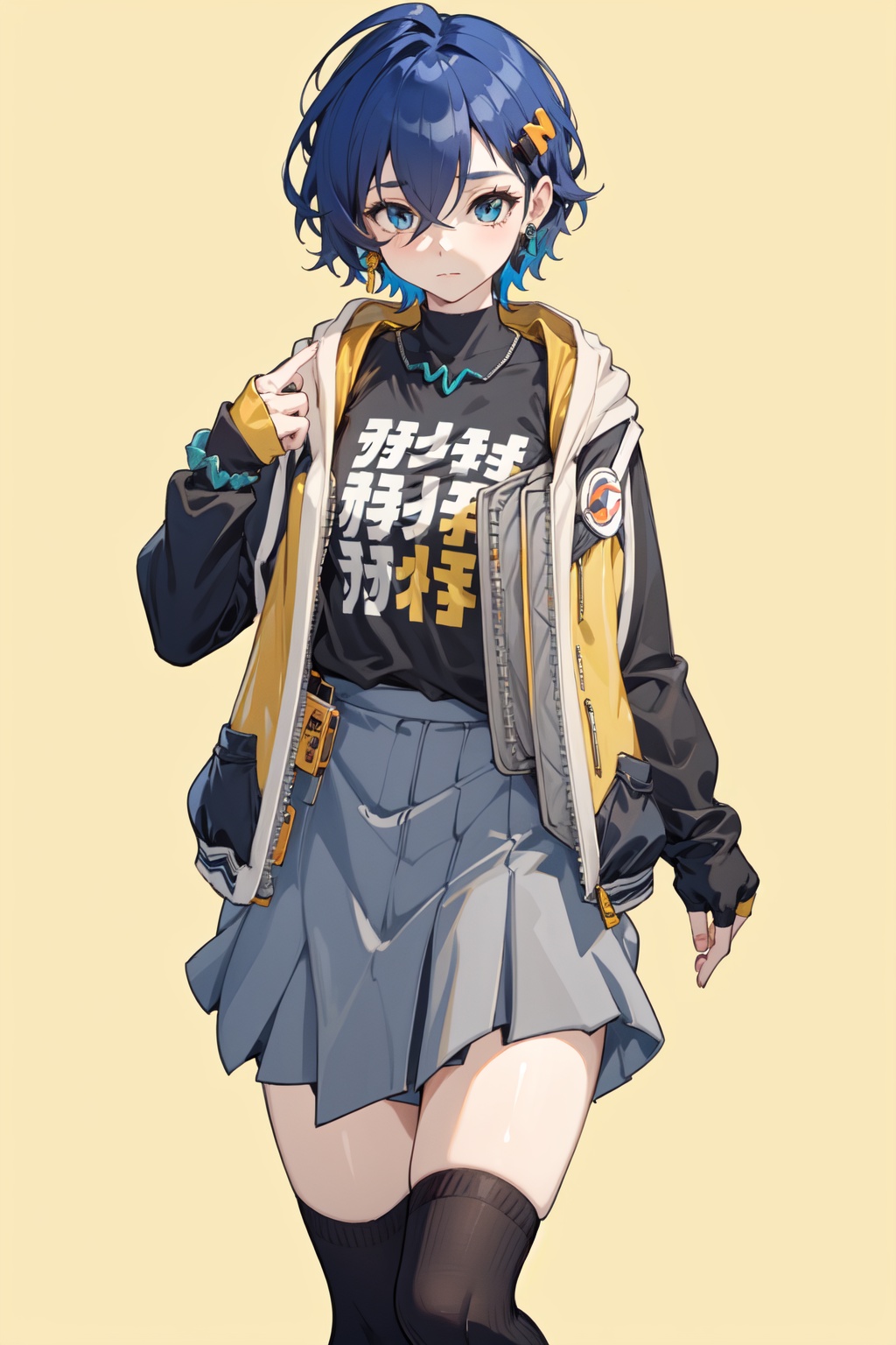 <lora:Belle:0.8>,Belle CYQL,1girl,looking at viewer,solo,blue hair,short hair,hair between eyes,blue eyes,jewelry,hair ornament,earrings,hood,jacket,black shirt,long sleeves,open clothes,open jacket,multicolored clothes,fingerless gloves,wrist scrunchie,grey skirt,asymmetrical legwear,single kneehigh,single sock,shoes,(cowboy_shot:1.3),(yellow background:1.4),posing,masterpiece,best quality,beautiful and aesthetic,