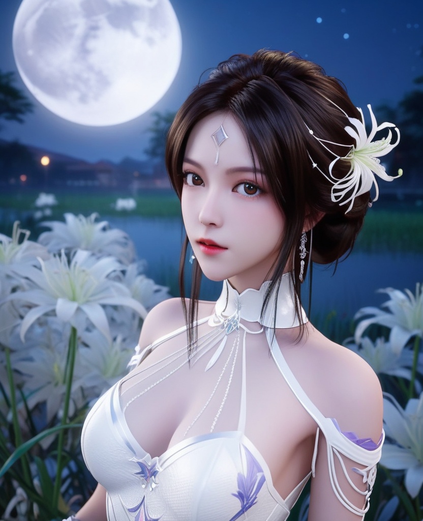 <lora:613-DA-XL-神印王座-白玥:0.8>(,1girl, ,best quality, ),looking at viewer,  ,,ultra detailed background,ultra detailed background,ultra realistic 8k cg, ,masterpiece, spider lily,full moon, (cleavage), (),
