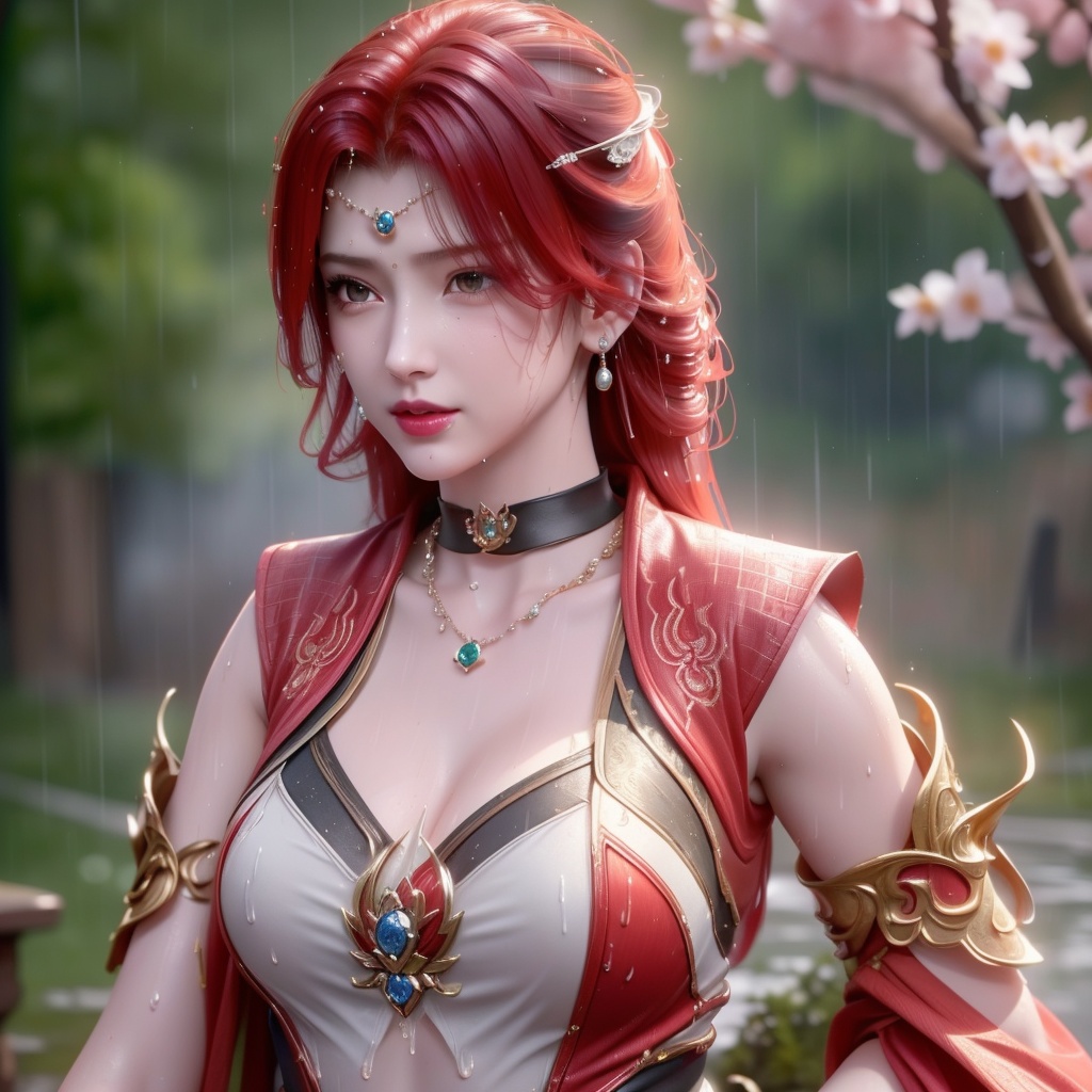 <lora:斗破苍穹-唐火儿:0.8>,red hair,   (,1girl, ,best quality, ),looking at viewer, ,ultra detailed 8k cg, ultra detailed background,  ultra realistic 8k cg,          cinematic lighting, cinematic bloom, (( , )),,  , unreal, science fiction,  luxury, jewelry, diamond, pearl, gem, sapphire, ruby, emerald, intricate detail, delicate pattern, charming, alluring, seductive, erotic, enchanting, hair ornament, necklace, earrings, bracelet, armlet,halo,masterpiece, (( , )),, realistic,science fiction,mole, ,cherry blossoms,(((, , ultra high res, (photorealistic:1.4), raw photo, 1girl, wet clothes, rain, sweat, ,wet, )))(( , ))   (cleavage), (),