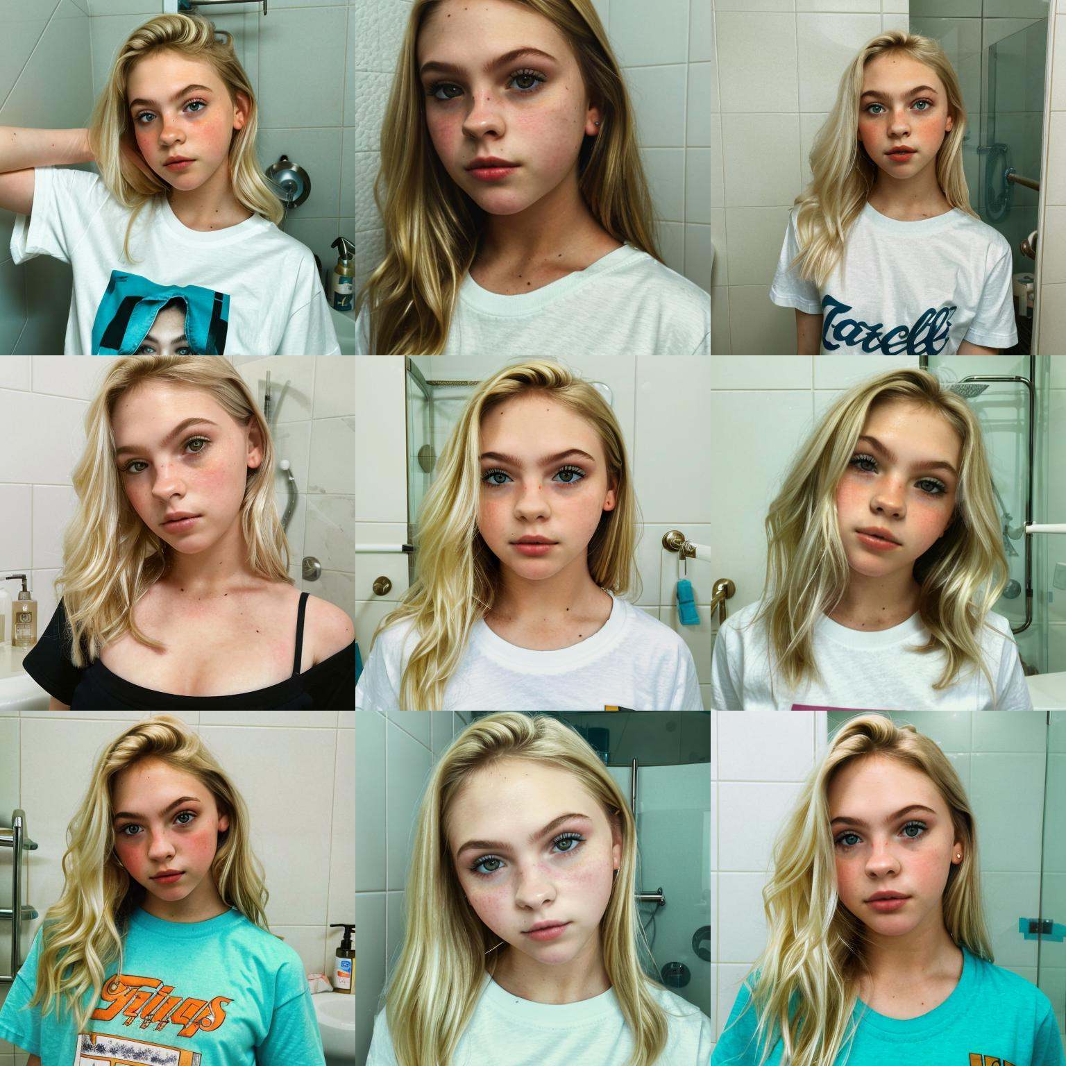 Jorjon,  photograph of a woman standing in a bathroom,  t shirt on Tensor.Art