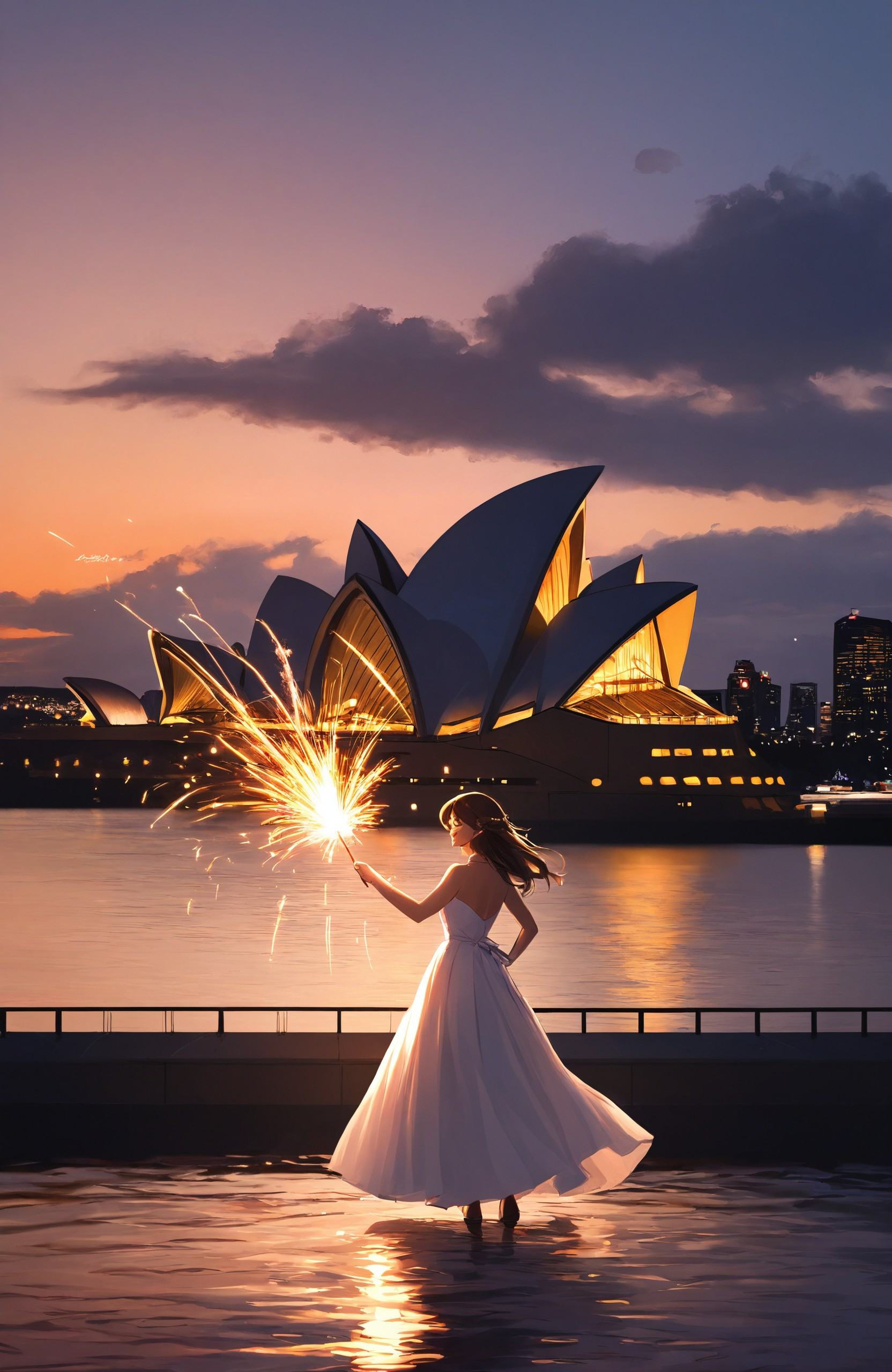 Medium shot side view of a girl wearing white dress holding a sparkler in her hands standing at Sydney Harbor with Sydney Opera House in the background at sunset, gradient blue and orange sky, dim lighting, dark environment, back lighting, highly detailed, ultra-high resolutions, 32K UHD, best quality, masterpiece