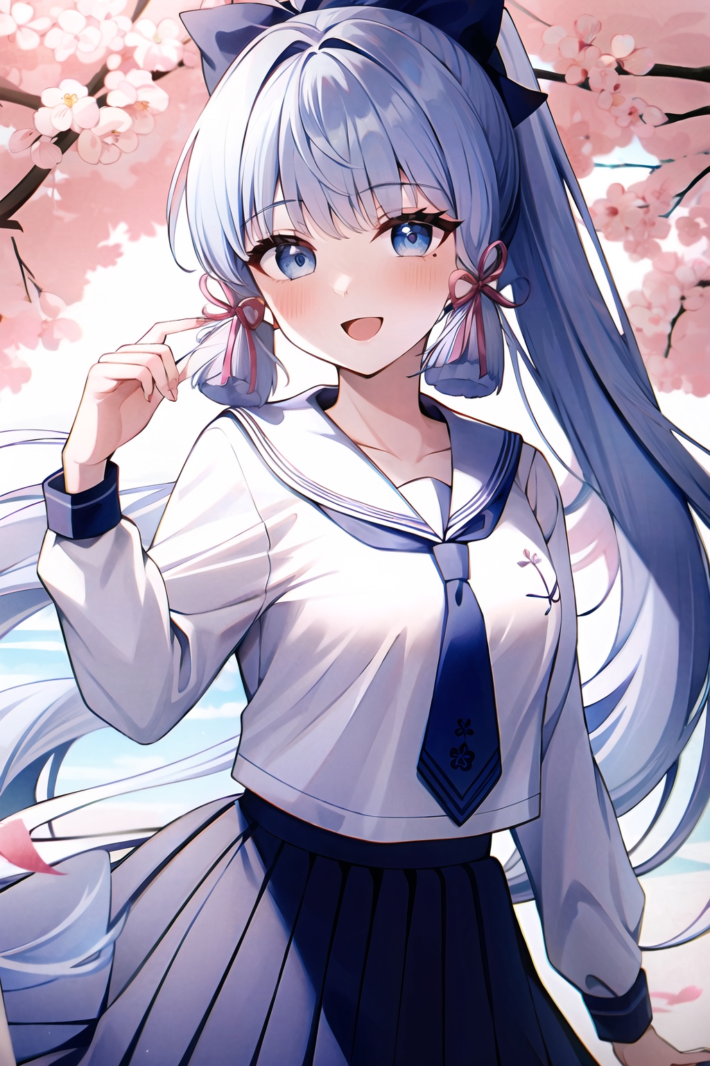 (masterpiece, best quality:1.2),insanely detailed,absurdres,ultra-highres,ultra-detailed,best quality,slender,kawaii,perfect symmetrical face,ultra cute girl,ultra cute face,ultra detailed eyes,ultra cute,ultra beautifu,<lora:kamisato ayakaV2-000006:1>,kamisato ayaka \(heytea\),kamisato ayaka,1girl,solo,school uniform,sailor collar,blue skirt,cherry blossoms,smile,grey eyes,long hair,long sleeves,serafuku,looking at viewer,pleated skirt,open mouth,petals,mole under eye,ponytail,shirt,necktie,:d,white sailor collar,blue necktie,hand on own face,ribbon,white shirt,falling petals,pink ribbon,blue hair,sidelocks,hand up,hair ribbon,blush,neckerchief,