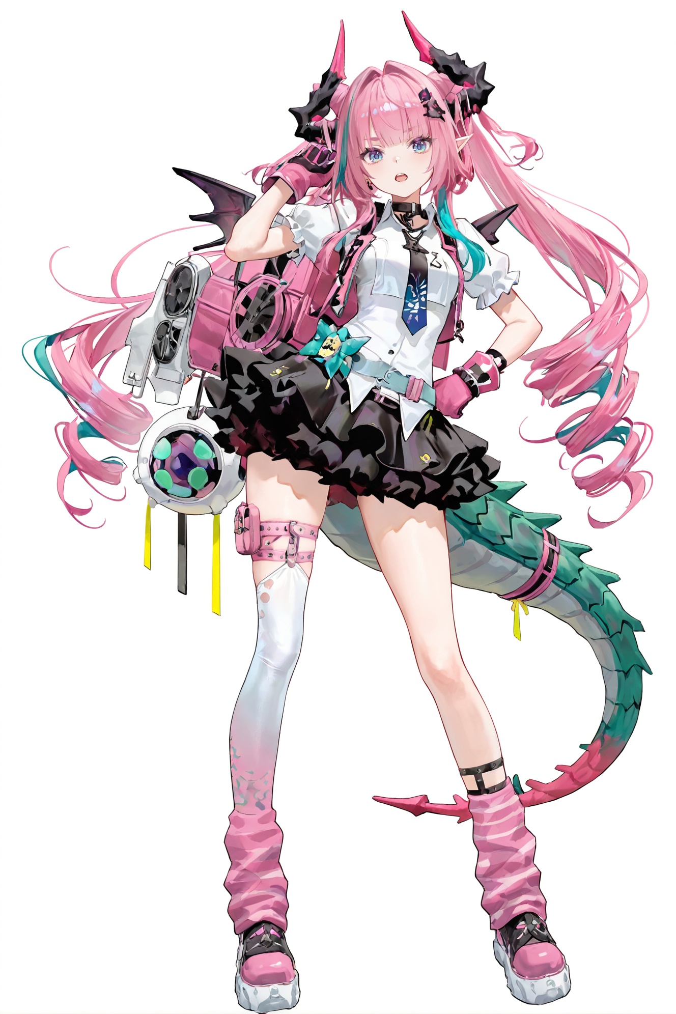 8k,best quality,masterpiece,(ultra-detailed),(high detailed skin),((artist:reoen),(artist:fuzichoco),(artist:atdan),(artist:torino_aqua),year 2024:0.8)1girl,[artist:wlop],[artist:ningen_mame],artist:ciloranko,[[artist:rhasta]],artist:tidsean,colorful,full body,full shot,standing,(solo:1.2),simple background,(white background:1.2),hand on own hip,(white background:1.1),looking at viewer,<lora:Yvonne-will-Tanger:0.8>,Yvonne \(Arknights: Endfield\),dragon girl,pink horns,green dragon tail,1girl,long hair,blue eyes,pink hair,multicolored hair,horns,pink gloves,<lora:Sunna-noob-Tanger-000014:0.8>,clothes: def-aido white shirt with balck skirt,asymmetrical legwear,1girl,skirt,shirt,jewelry,short sleeves,earrings,wings,necktie,choker,wings,hairclip,halo,pink backpack,