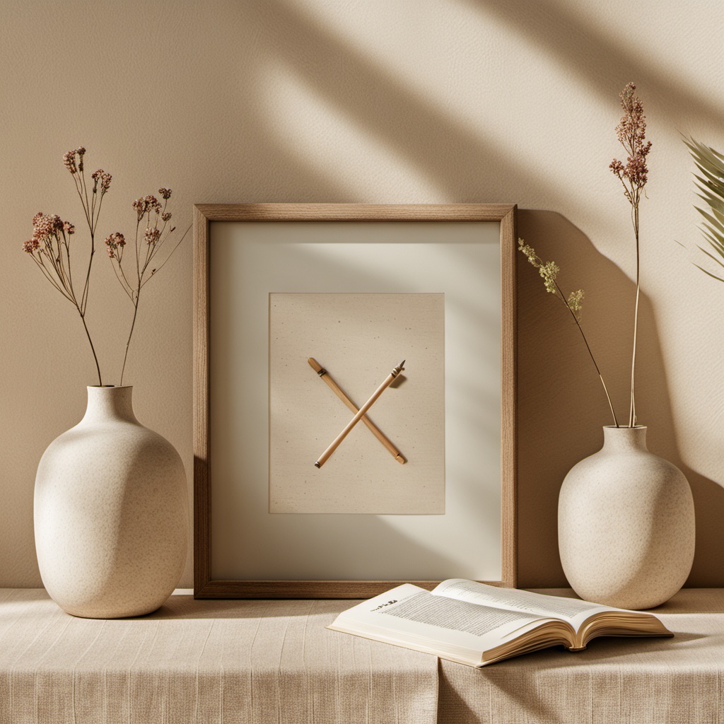 jingwu,The picture shows an indoor still life decoration with a light toned wall background. Soft light and shadow cast on the wall. In the center is a wooden photo frame,with decorative vases on either side. Between the two vases,there is an open book,and the pages unfold to present a state of casual reading. The overall scene creates a simple and peaceful atmosphere.,<lora:sanjing-XL:0.8>,