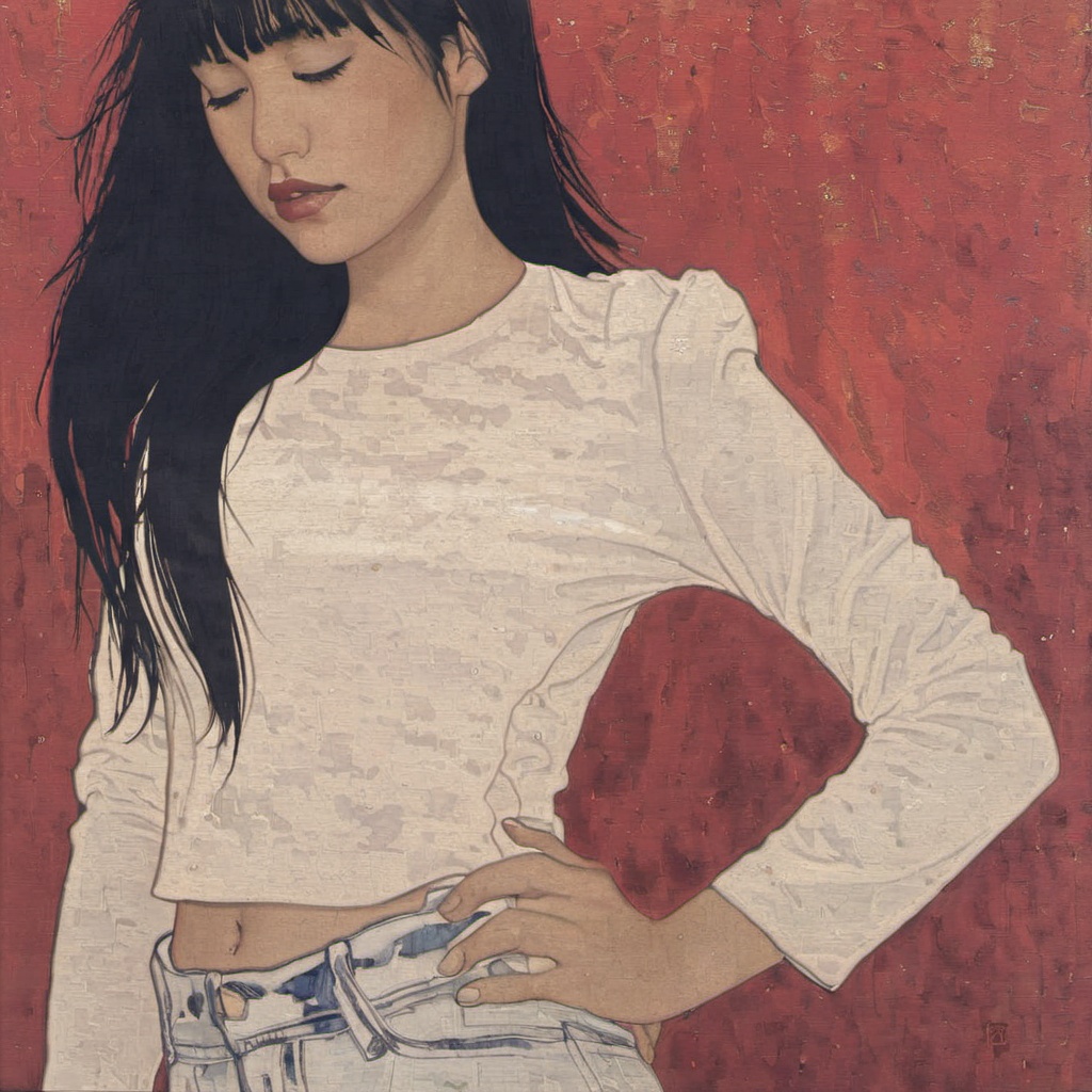 <lora:ukiyo-e_xl_v2:1>,1girl,solo,wf shirt,long hair,white skirt,bangs,skirt,shirt,black hair,long sleeves,navel,jewelry,closed mouth,standing,closed eyes,white shirt,cowboy shot,earrings,midriff,pants,mole,lips,crop shirt,mole under eye,facing viewer,realistic,red lips,hoop earrings,white pants,the background is softly lit,giving the image a calm and tranquil ambiance,young woman,long black hair,serene expression,eyes closed,lips slightly parted,fit,pulling it slightly down,calm and tranquil ambiance,background,