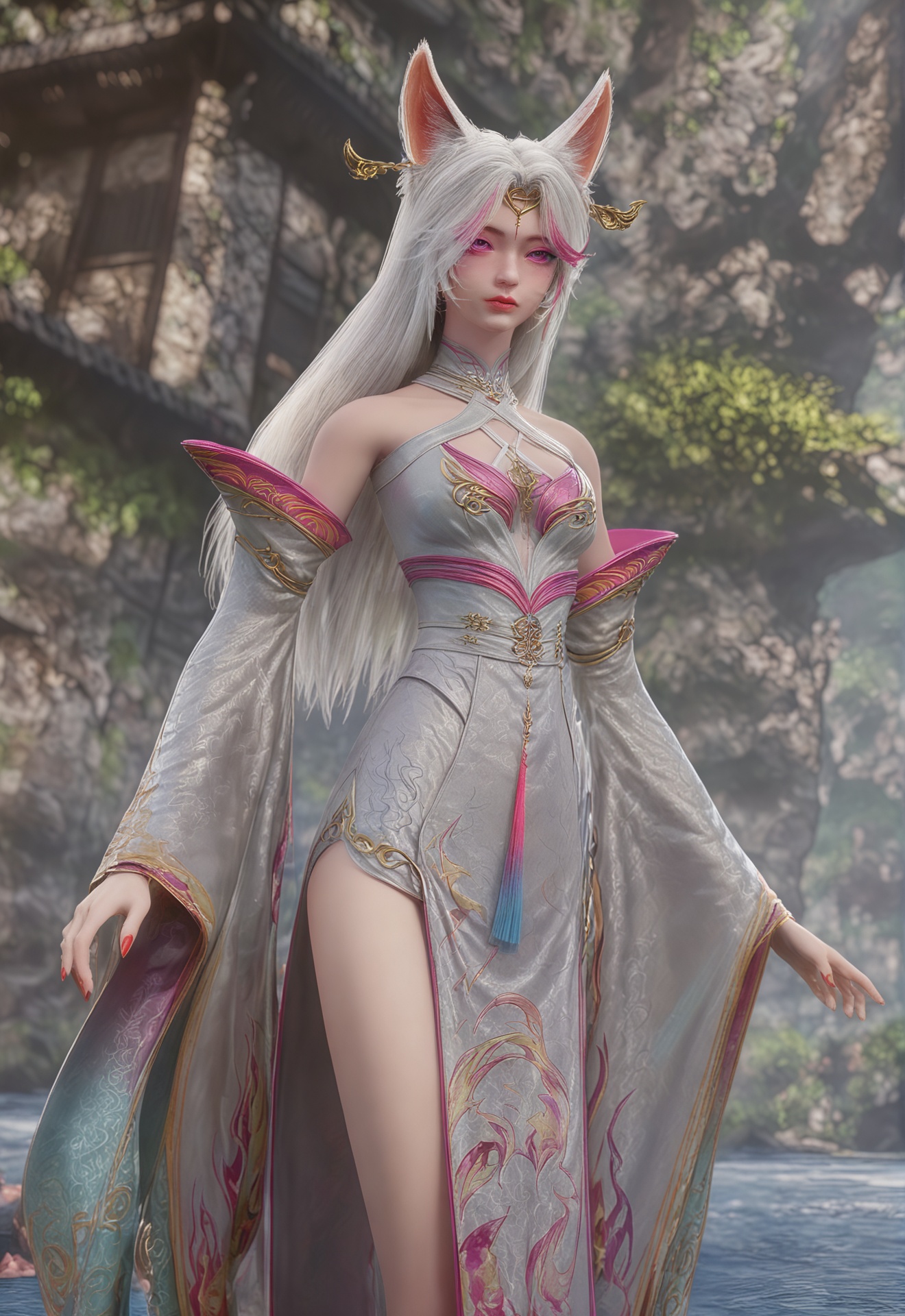 score_9,<lora:小狸:1>,1girl, animal ears, solo, blurry background, detached sleeves, long hair, white hair, dress, breasts, white dress, cleavage cutout, blurry, bare shoulders, earrings, facial mark, clothing cutout, jewelry, fox ears, looking at viewer, standing, feet out of frame, medium breasts, red nails, cleavage, nail polish