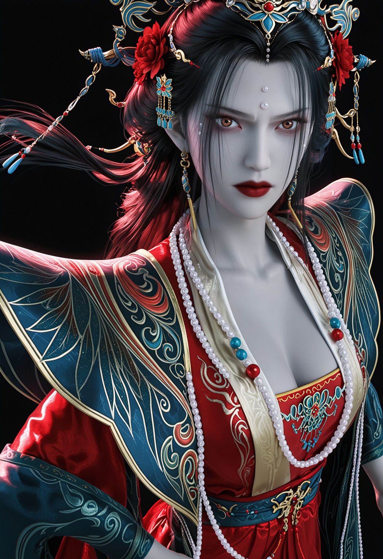 score_9,looking_at_viewer,large breasts,chufuren,1girl,solo,hair ornament,jewelry,black hair,long hair,beads,earrings,forehead mark,necklace,red lips,chinese clothes,facial mark,hair flower,dress,bead necklace,red dress,makeup,brown eyes,realistic,lipstick,shoes,(simple background,pure black background,black background:1.1),perfect_anatomy,<lora:QQSponychufurenV1:0.8>,