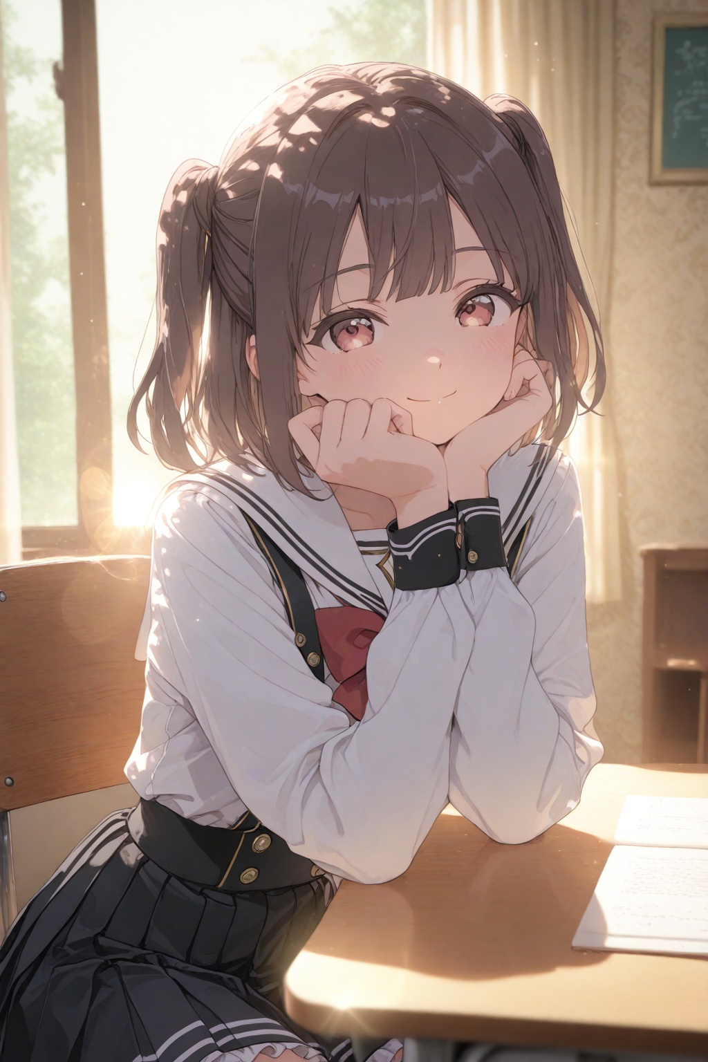 1girl,smile,two side up,school uniform,white shirt,long sleeves,pleated skirt,black skirt,white sailor collar,double-breasted,red bowtie,white serafuku,black trim,suspender skirt,frilled skirt,black frills,black buttons,diamond cutout,white sleeve cuffs BREAK rim light,Volumetric Lighting,Cinematic Lighting,lens flare,light leaks,background light,available light,moody lighting,blurry,illustration,artbook,game cg,wallpaper,depth of field,dim,bloom,sunlight,dappled sunlight BREAK 1girl,solo,looking at viewer,sitting,on chair,desk,indoors,window,curtains,day,depth of field,lens_flare,backlighting,front view,head rest,arm on table,