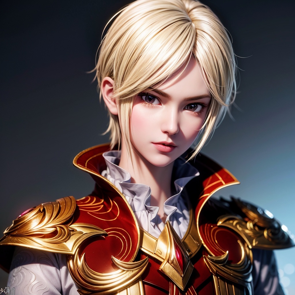 masterpiece,best quality,illustration,anime,simple gray background,xueqinghe,solo,1boy,(mature male:1.2),male focus,armor,upper body,gem,blonde hair,shoulder armor,closed mouth,white hair,short hair,looking at viewer,<lora:add_detail:1>,<lora:xueqinghe_20240328183411:0.7>,
