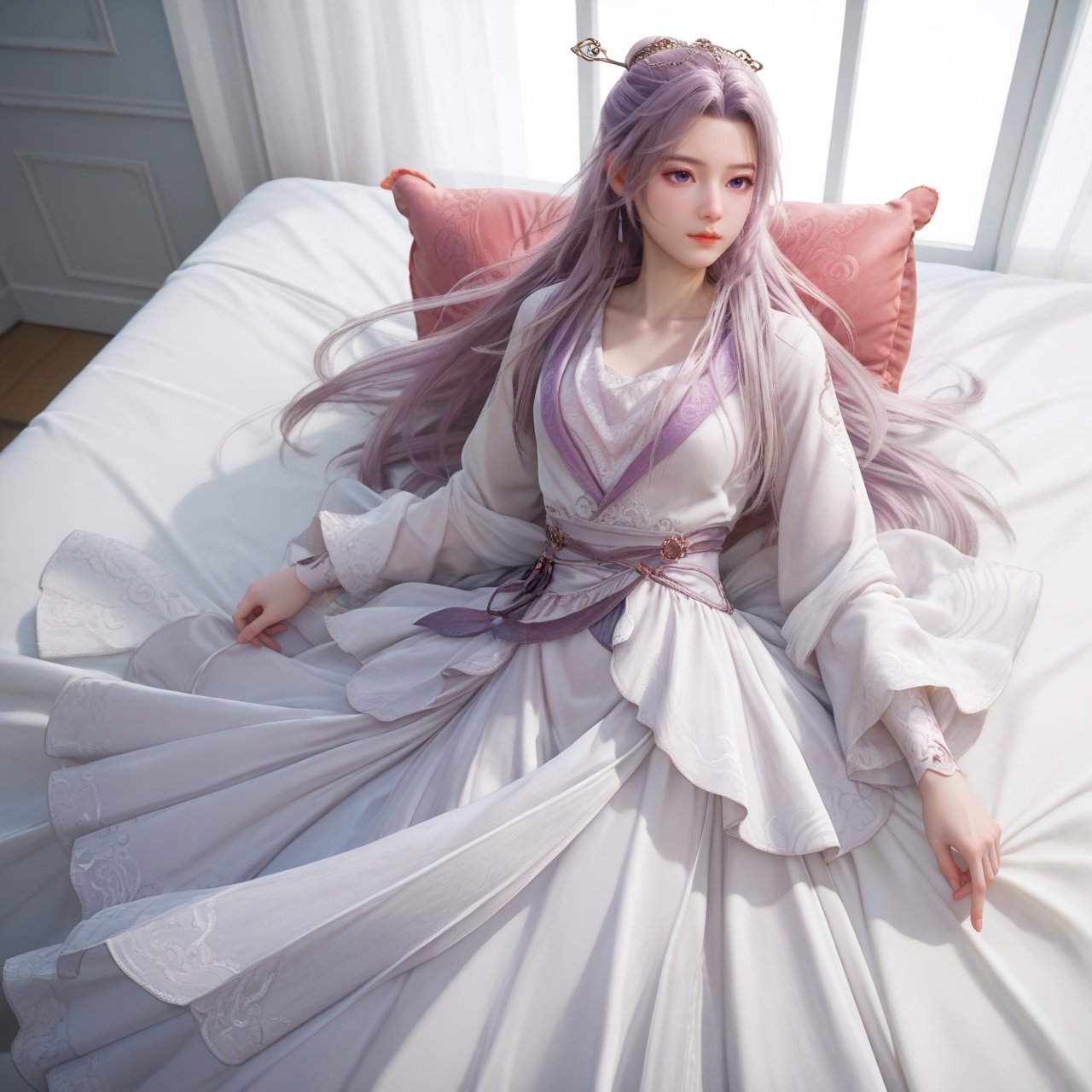 score_9,score_8_up,score_7_up,score_6_up,best quality,detailed clothes,masterpiece,8k,simple background,sfw,rim light,perfect hands,<lora:云霄-师兄啊师兄-pony:0.8>,yunxiao,1girl,dress,solo,hair ornament,long sleeves,wind,wind lift,lying,on bed,red pillow,indoors,in white palace,