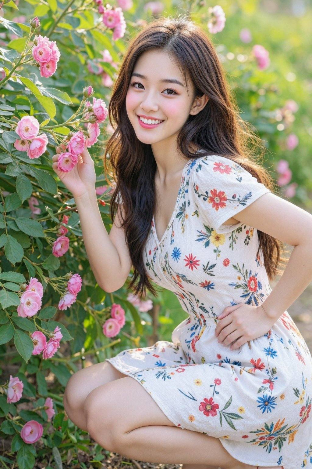 This is a high-resolution photograph of a young Asian woman with a fair complexion and long,  wavy,  dark brown hair. She...