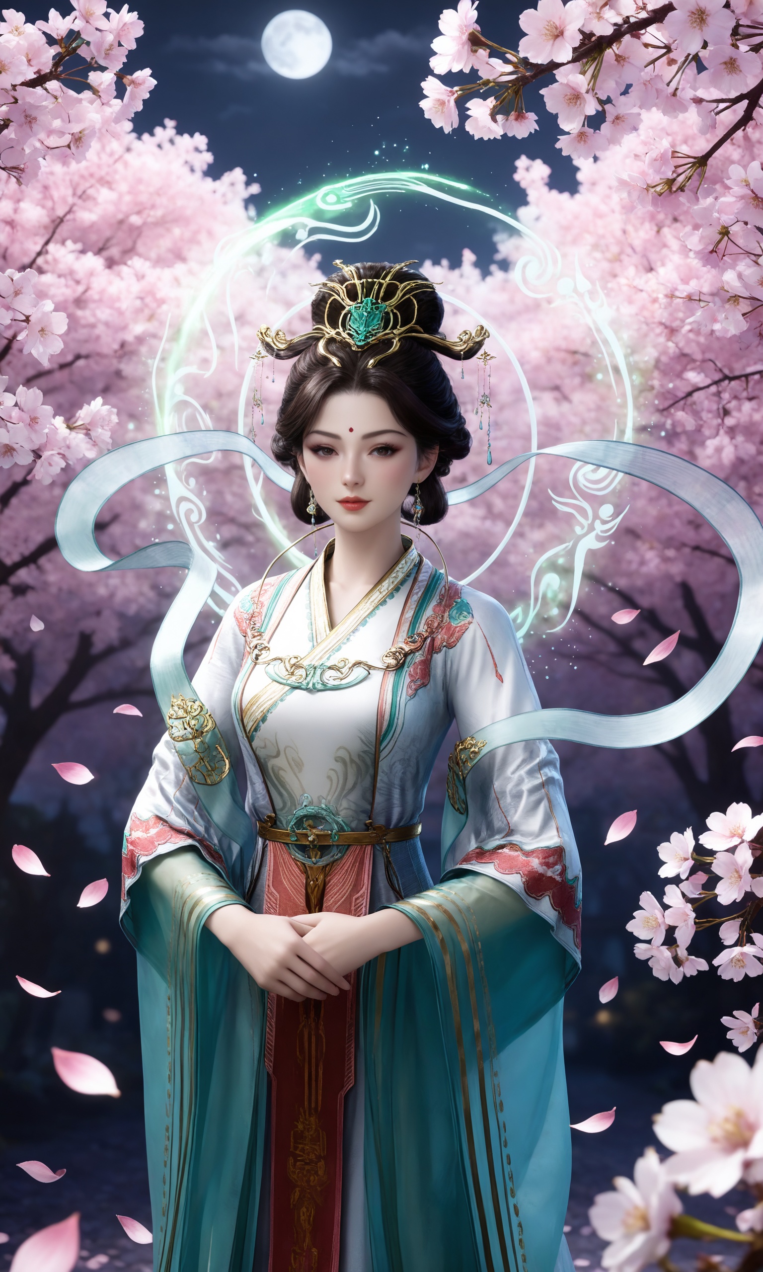 <lora:遮天-西王母IL:0.8>,1girl,dark brown hair,updo,gold and green ornaments,long,flowing traditional Chinese dress with  green and white,accented with gold and red embroidery,wide sleeves,high collar,, masterpiece,best quality,solo,1girl,upper body,petals,looking at viewer,moon,branch,cherry blossoms,flower,extreme aesthetic,(quasarcake:0.7),masterpiece,best quality,good quality,newest,very aesthetic,absurdres,A shot with tension,(Visual impact,giving the poster a dynamic and visually striking appearance:1.2),impactful picture,offcial art,colorful,splash of color,movie perspective,