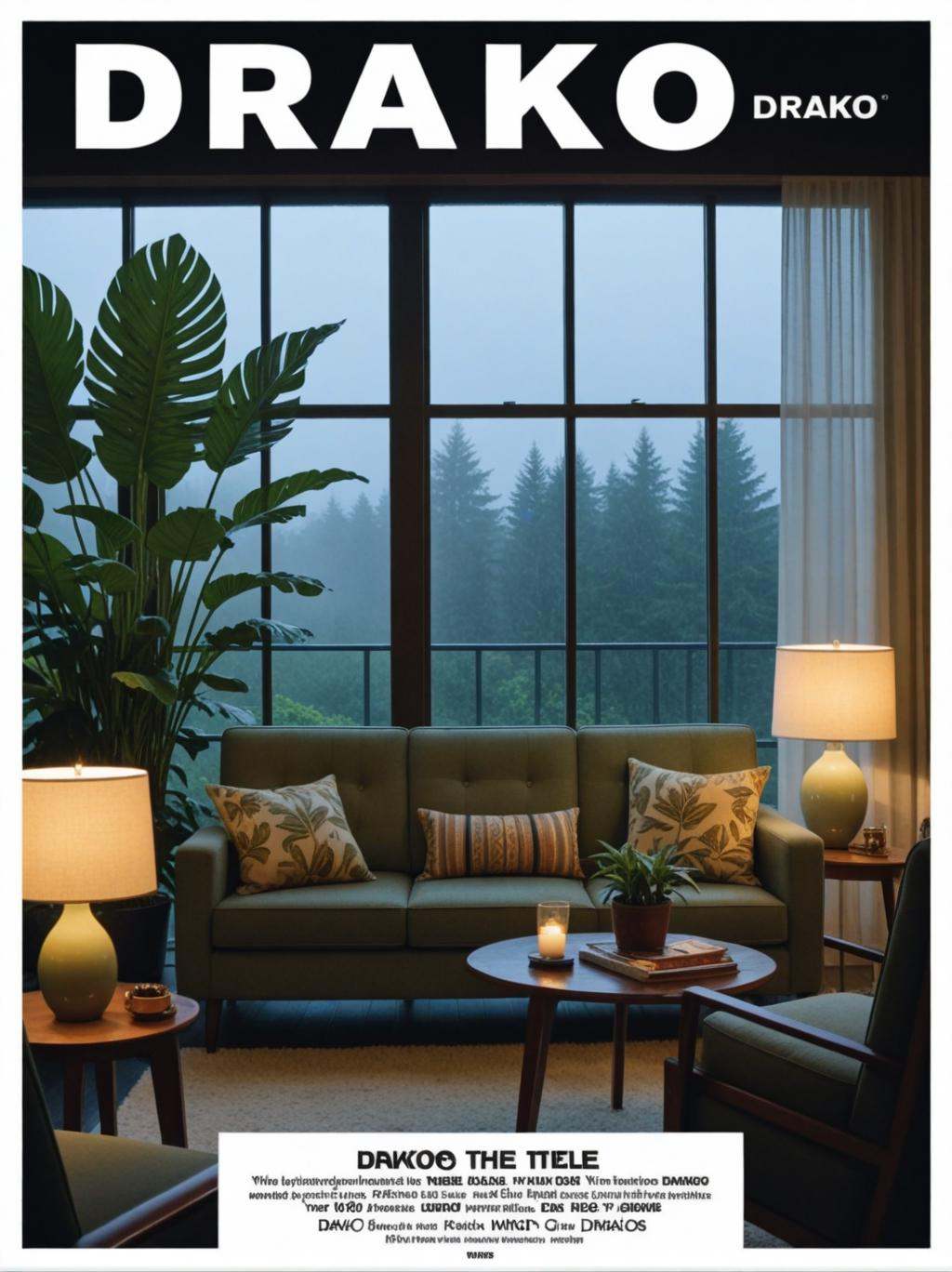 (movie poster with title and text graphics:1.3) (under the title banner text logo "D\R\A\K\O":1.5), midcentury modern living room dimly lit with dark rainy evening outside, (foggy rainy evening:1.2), pacific northwest, (dim lighting:1.4), (moody lighting:1.2), plants, large plants, rainy, monstera, many plants, (foggy windows:1.2), masterpiece, best quality, twilight hour, (nighttime:1.4), rainy evening, after sunset,