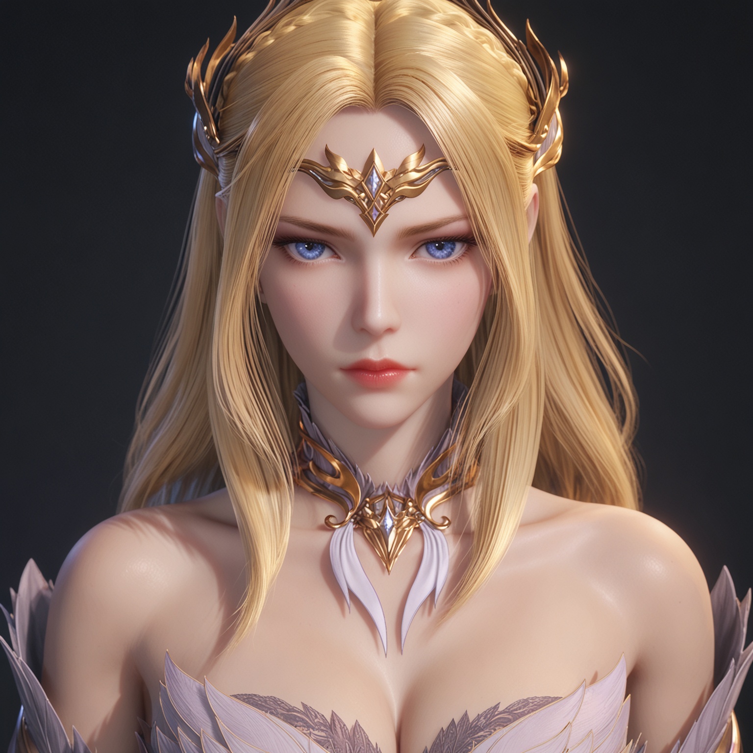 <lora:ponyqianrenxueV6:0.7>, 1girl, solo, blonde_hair, long_hair, bare_shoulders, blue_eyes, hair_ornament, dress, white_dress, armor, armored_dress, cleavage, detached_collar,BREAK score_9,upper_body,portrait,shiny_skin,looking at viewer,cinematic lighting,volumetric lighting,solo focus,(huge breasts:0.9),(simple background,pure black background,black background:1.1),