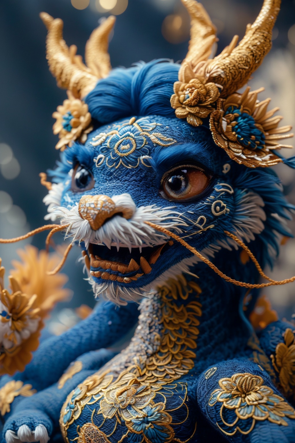 a blue and gold image of a Chinese Loong, realistic fine details, Chinese embroidery, horns, no humans, looking at viewer, open mouth, red eyes