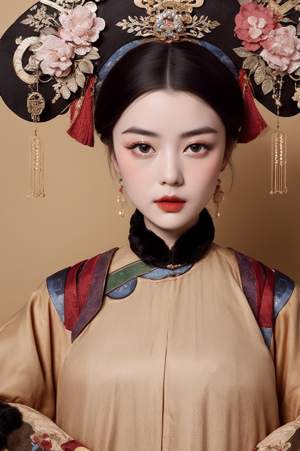 <lora:贵妃:1>,best quality,masterpiece,women of the qing dynasty in china,solid color background,beige_background,