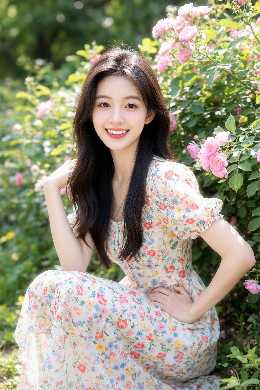 This is a high-resolution photograph of a young Asian woman with a fair complexion and long, wavy, dark brown hair. She is smiling brightly, revealing her straight white teeth, and is positioned slightly crouching among a lush garden of blooming pink roses and green foliage. Her attire consists of a short-sleeved, white dress adorned with a colorful floral pattern featuring red, blue, and yellow flowers. The fabric of her dress appears soft and slightly textured, likely made from cotton or a similar material.The woman's makeup is minimal, with a natural look that enhances her features. Her eyes are accentuated with a subtle smoky eye, and her lips are painted a soft pink. She has a slender physique, and her posture is relaxed yet poised, with her right hand gently touching a rose bush while her left hand rests on her hip.The background is filled with various shades of green and pink from the flowers and leaves, creating a vibrant and serene natural setting. The sunlight filters through the foliage, casting soft, warm light on her and the surrounding plants, adding to the peaceful and joyful ambiance of the photograph.