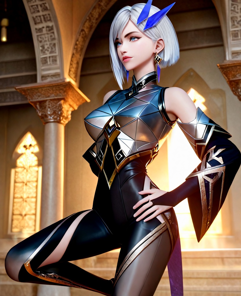 (oriental architecture, elegant decor, sophisticated style:1.1),(Balancing on one leg with the other raised to the side:1.1),(large breasts:1.2),<lora:ILCG王者荣耀东方镜:0.95>,1girl,form-fitting geometric chrome armor,blue eyes,white hair,short hair,hair ornament,earrings,black leather tights,bare shoulders,black fingerless gloves,detached sleeves,, score_9,score_8_up,score_7_up,score_6_up,score_5_up,score_4_up,3d rendering,tag1,tag2, Cinematic Lighting,backlighting,, zPDXL3, zPDXL2,zPDXL, zPDXLxxx, zPDXLrl,