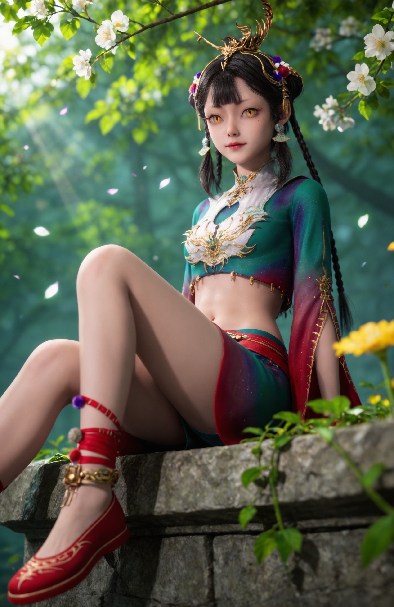 <lora:牧神记-仙清儿Pony2:0.7> 1girl, black hair, long hair, hair rings, hair bun, braid, hair ornament, jewelry, yellow eyes, crop top, chinese clothes, skirt, midriff, navel, red footwear, realistic style photo,outstanding style,Use soft lighting to cast gentle shadows on the subject,adding a touch of dimension to your images without compromising details,whirls of vapor,(Anime:1.1),soft neon light,ethereal ambiance,delicate details,magical atmosphere,concept art,highly detailed,ultra-high resolution,32K UHD,sharp focus,best-quality,masterpiece,golden hour,unconventional supreme masterpiece,masterful details,temperate atmosphere,with a high-end texture,in the style of fashion photography,magazine style,Dynamic Angle,Dynamic posture,magazine style,Dynamic Angle,Dynamic posture,(cowboy_shot:1.2),eye trail,depth of field,cinematic lighting,lens flare,close-up,extreme aesthetic,(wlop:0.6),(honjou raita,lack,rella,wanke:0.5),masterpiece,best quality,good quality,newest,year 2025,very aesthetic,absurdres,Visual impact,A shot with tension,ultra-high resolution,32K UHD,sharp focus,best-quality,masterpiece,Emotionalization,unconventional supreme masterpiece,masterful details,temperate atmosphere,with a high-end texture,in the style of fashion photography,(Visual impact:1.2),giving the poster a dynamic and visually striking appearance,, 1girl, flower, sitting, solo, blurry, yellow flower, blurry background, outdoors, sunlight, looking at viewer, nature, depth of field, arms at sides, leaf, tree, light rays, plant, feet out of frame, day,