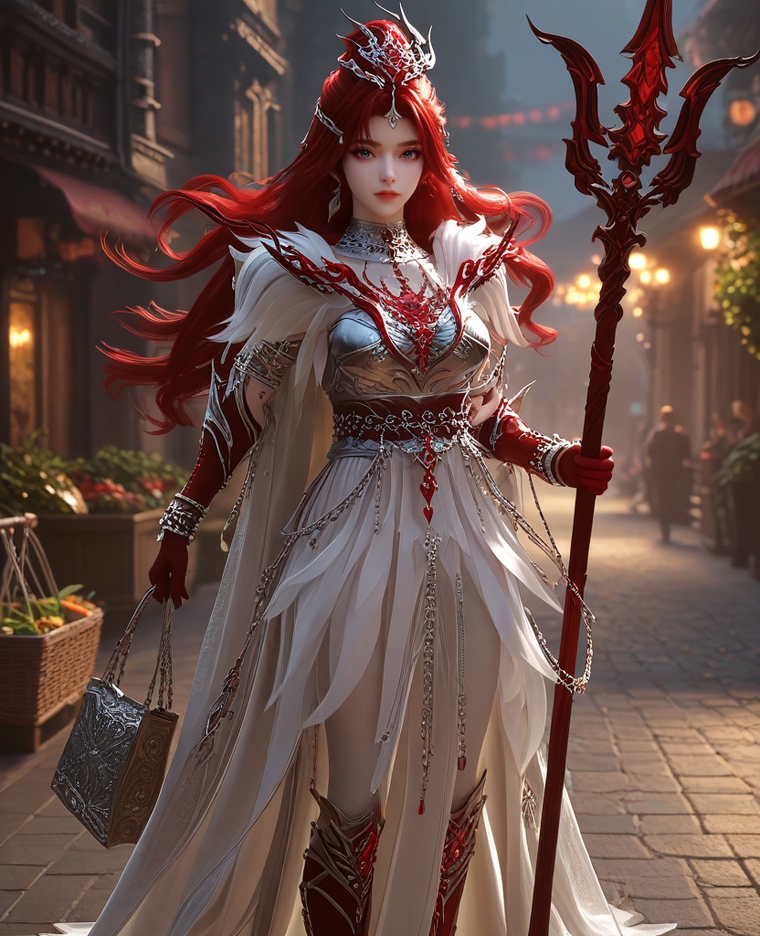 (She stands with one hand on her hip, the other holding a shopping bag.:1.1),looking at viewer,(large breasts:1.2),<lora:XL16云深不知梦炽阳华明白色甲胄:0.95>,female paladin,white peplum dress,red hair,very long hair,hair ornament,hair bun,single earring,jewelry,boobplate,red gloves,sash,bracelet,silvery leggings,boots,holding spear,chain,, score_9,score_8_up,score_7_up,score_6_up,score_5_up,score_4_up,3d rendering,tag1,tag2, Cinematic Lighting,backlighting,