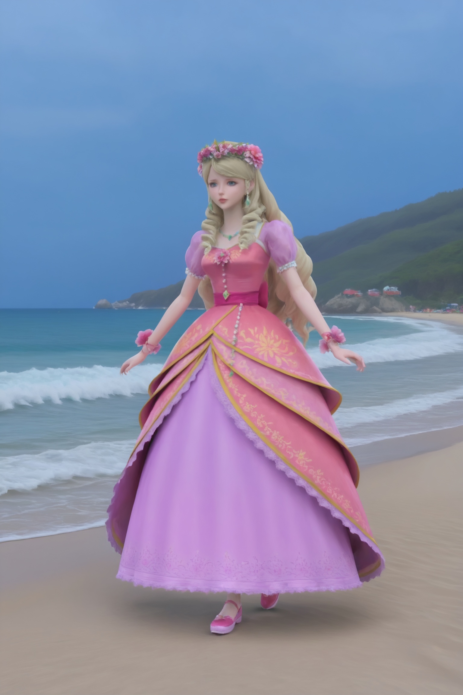 standing,Seaside,beach,waves,full body,<lora:精灵梦叶罗丽-灵公主Pony:0.7>,1girl,long,flowing blonde hair,crown of pink flowers,blue eyes,flowing,pink dress with a fitted bodice with intricate floral and leaf patterns,puffy sleeves,green gemstone pendant,pink flower on wrist,pink shoes,