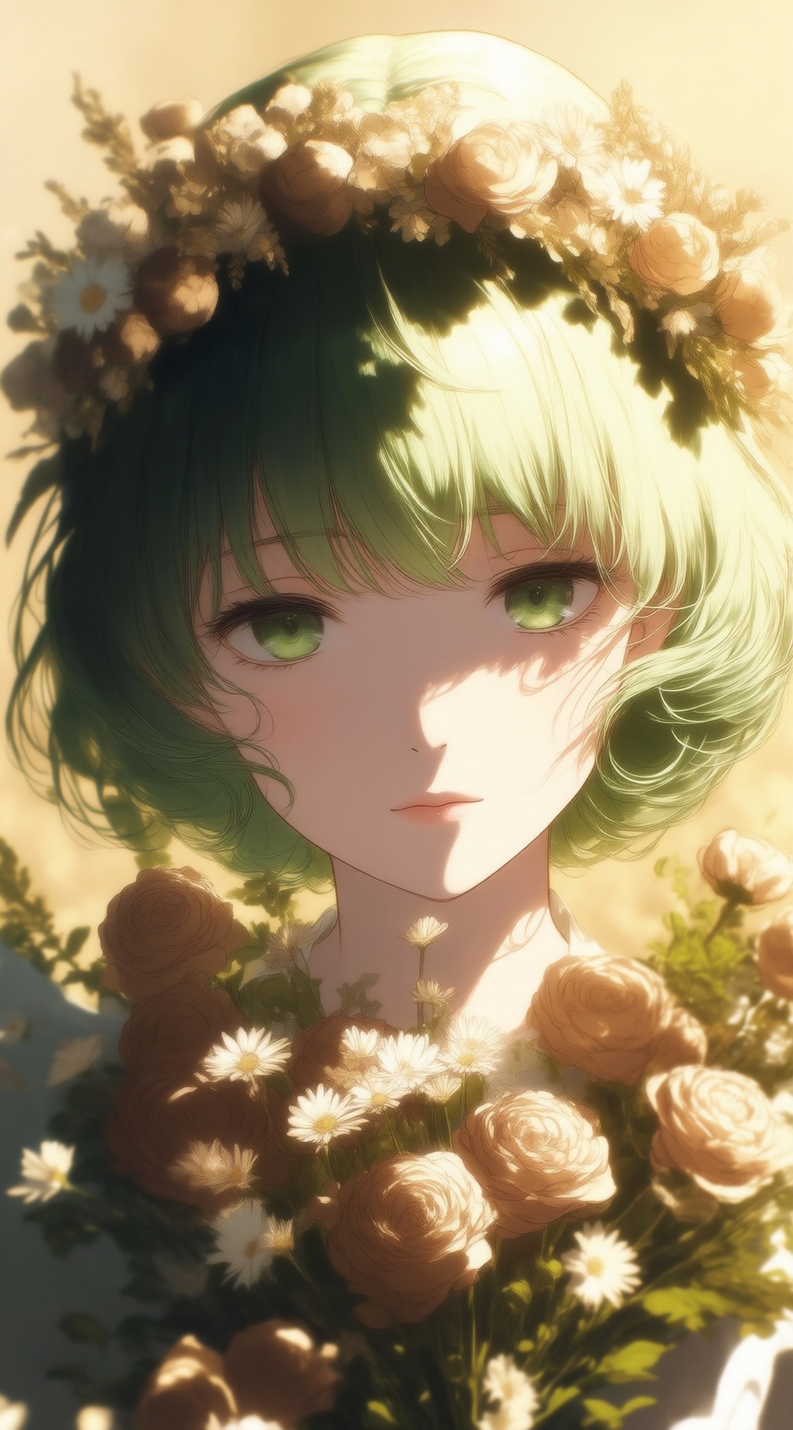 a digital illustration,, a digital illustration shoot from a close-up camera angle about a girl with green hair adorned with flowers,looking directly at the viewer with a serene expression,the image also shows a soft,warm color palette with a focus on the girls face and the flowers around her,on the middle of the image,a young woman appears to be in her early twenties,with light skin,green eyes,and a closed mouth expression,she has short,light green hair and is wearing a flower crown on her head,the woman is surrounded by a bouquet of flowers in various shades of brown and beige,including roses,daisies,and chrysanthemums,which are arranged in a circular pattern around her face,her hair is styled in a way that frames her face,and she has a small,delicate eye,the background is a warm,golden light that casts gentle shadows on her face and flowers,creating a soft and dreamy atmosphere,, Negative prompt: ng_deepnegative_v1_75t,(badhandv4:1.2),EasyNegative,(worst quality:2),,nsfw, Steps: 30, Sampler: Euler, CFG scale: 4.0, Seed: 2994088703, Size: 1142x2048, Model hash: 98763a1277, Model: Qwen-Image_1.0.safetensors, Denoising strength: 0, RNG: CPU, Lora 1: ZOZ_漫梦琉璃05~QWEN, Lora Hash 1: 5b64907f40, Lora Weight 1: 0.8, vae_name: automatic