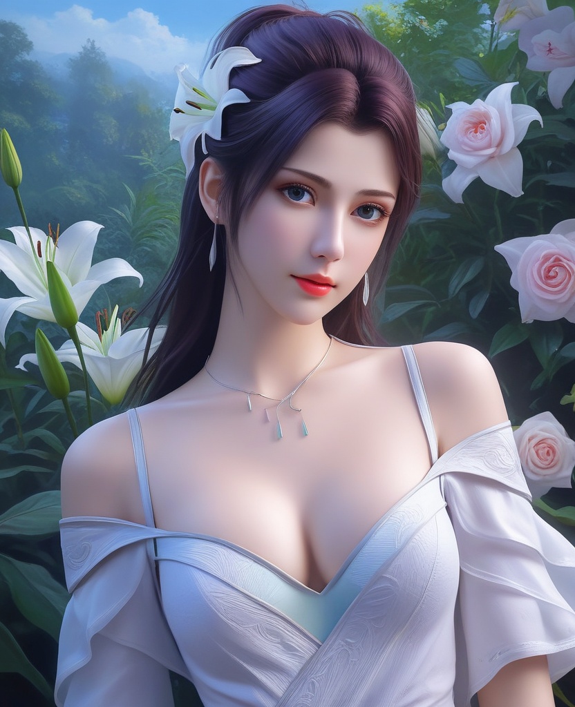 <lora:576-DA-XL-斗破苍穹-云韵-白服:0.8>(,1girl, ,best quality, ),looking at viewer,  ,ultra detailed 8k cg,ultra detailed background,ultra realistic 8k cg,1girl, solo,(bare shoulders:0.85),(masterpiece, best quality),((oil painting style)),sexy young lady,(beautiful face and eyes),(upper body:1.5),(whole body:1.05),(single person:1.2),surrounded by flowers, (lily), roses, floret, vegetation, white, purple, purplish pink,Impressionism,colorful,(Breast size:1.3),(cleavage),