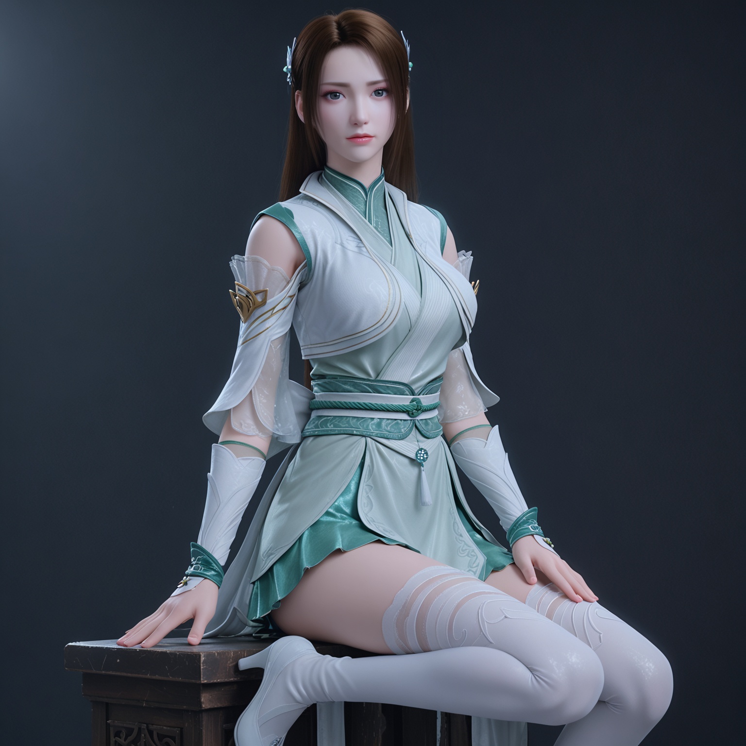 <lora:YQponynalanyanran_zhongzhouV2:0.8>,q1528437228,solo,1girl,long_hair,hair_ornament,dress,brown_hair,black_hair,white_dress,thighhighs,realistic,chinese_clothes,sash,detached_sleeves,green_dress,skirt,boots,thigh_boots,white_thighhighs,blue_eyes,blue_dress,high_heels,zettai_ryouiki,brown_eyes,feet,BREAK score_9,upper_body,portrait,shiny_skin,looking at viewer,cinematic lighting,volumetric lighting,solo focus,(huge breasts:0.9),(simple background,pure black background,black background:1.1),